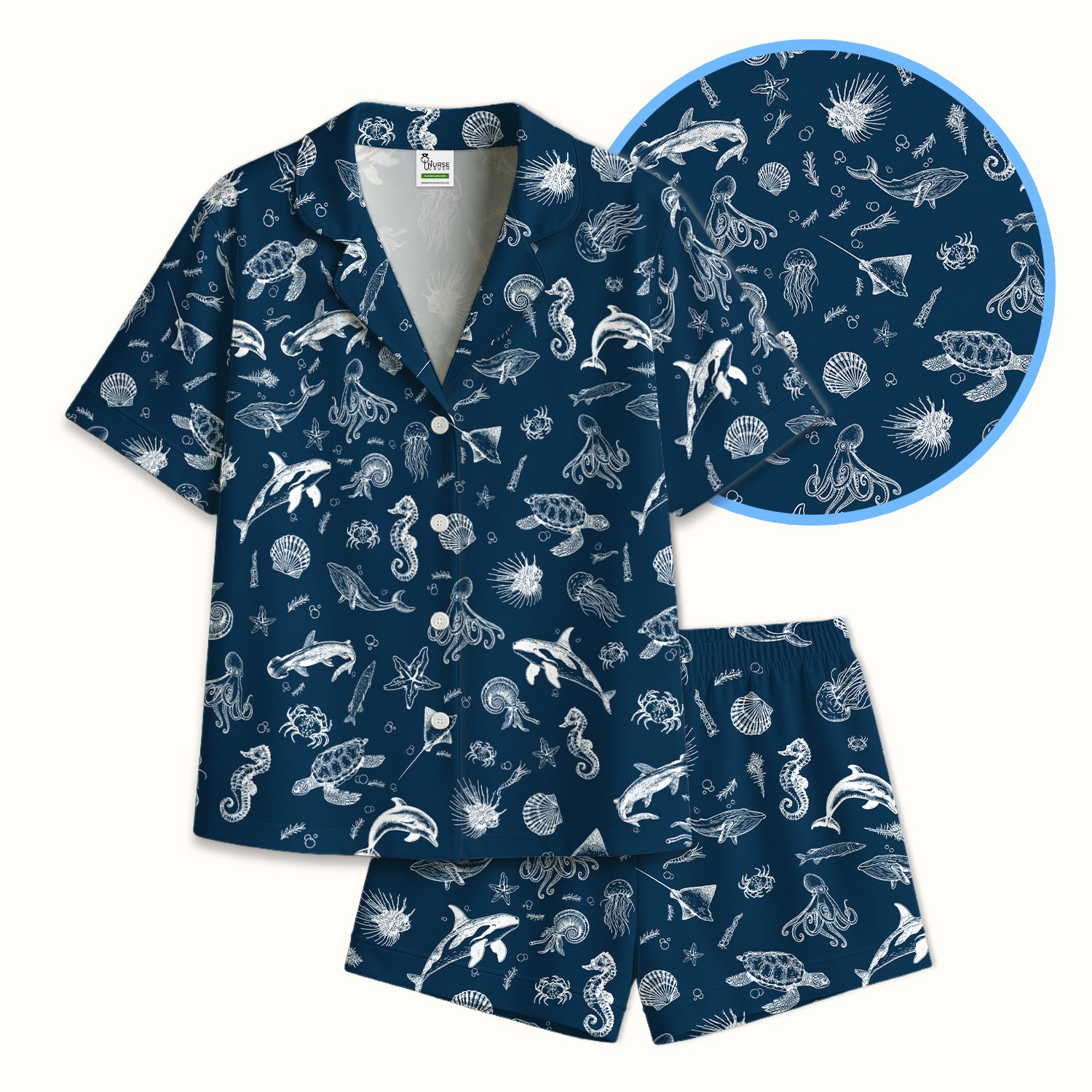 Marine Sea Life Pattern Pajama Set, Breathable Fabrics Uniform