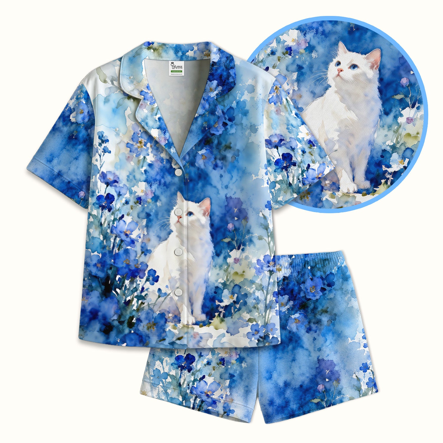 Adorable Blue Floral White Cat Pattern Pajama Set, Soft Breathable Fabric Comfortable Sleepwear
