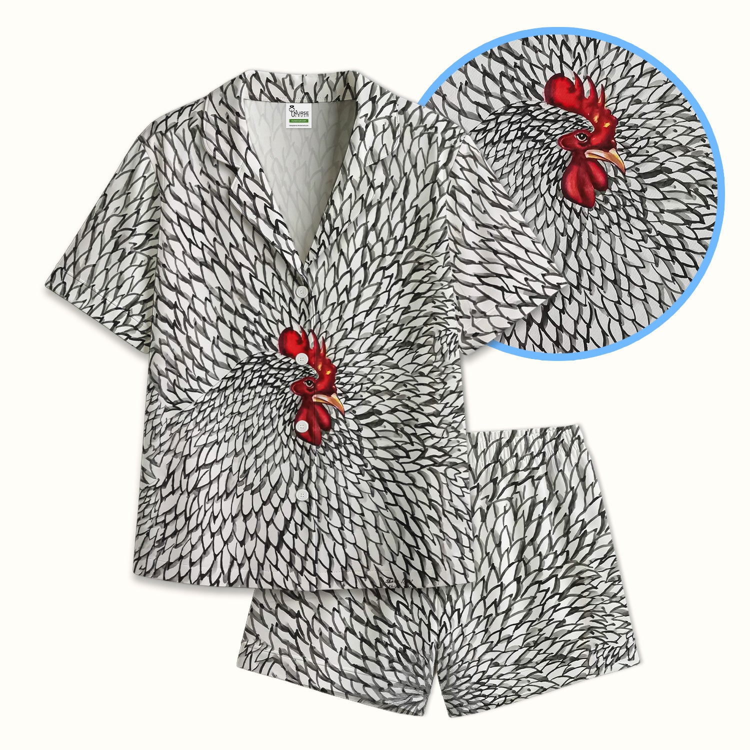 Watercolor Rooster Feather Pattern Pajama Set, Soft Breathable Fabric Comfortable Sleepwear