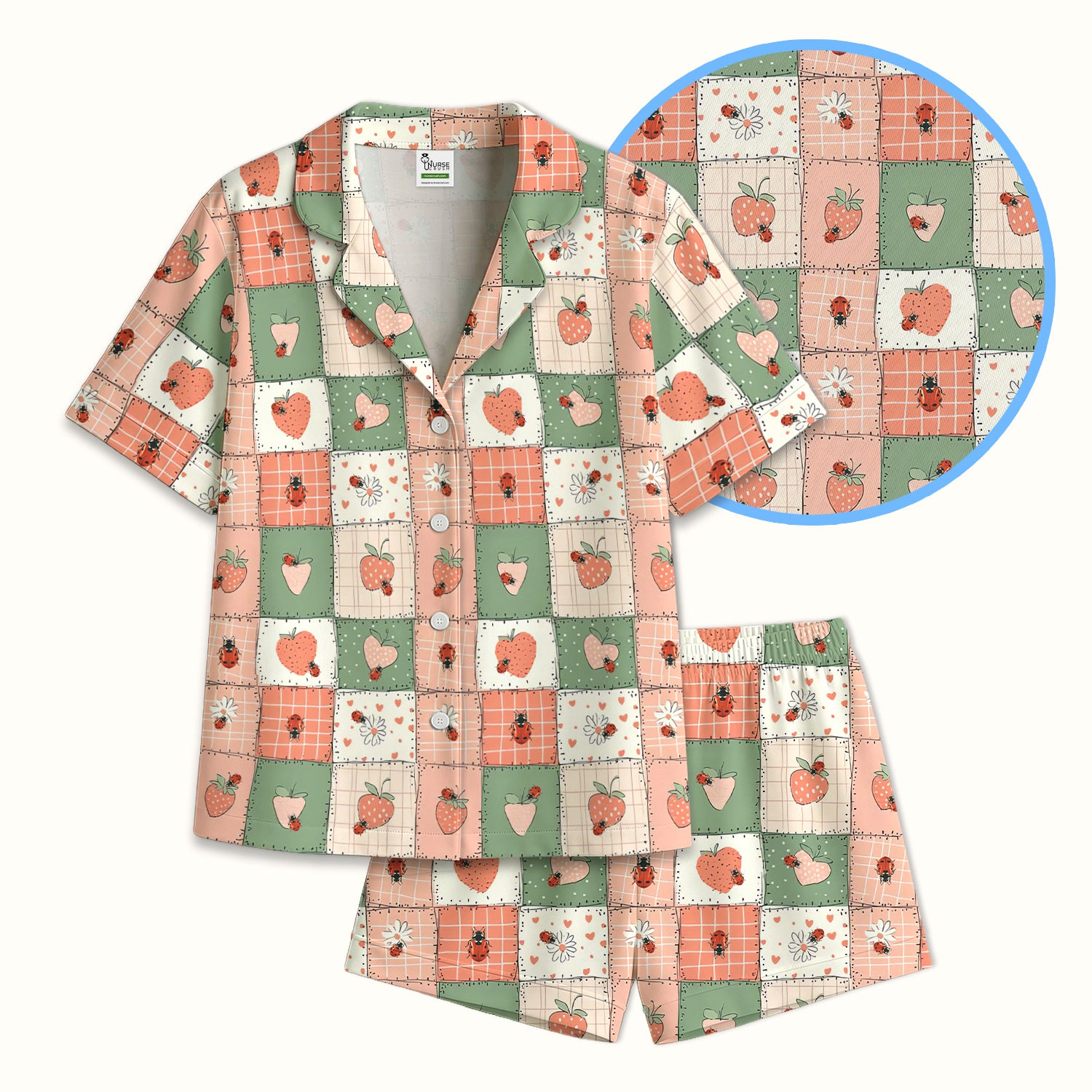 Strawberry Ladybug Patchwork Pattern Pajama Set, Soft Breathable Fabric Comfortable Sleepwear