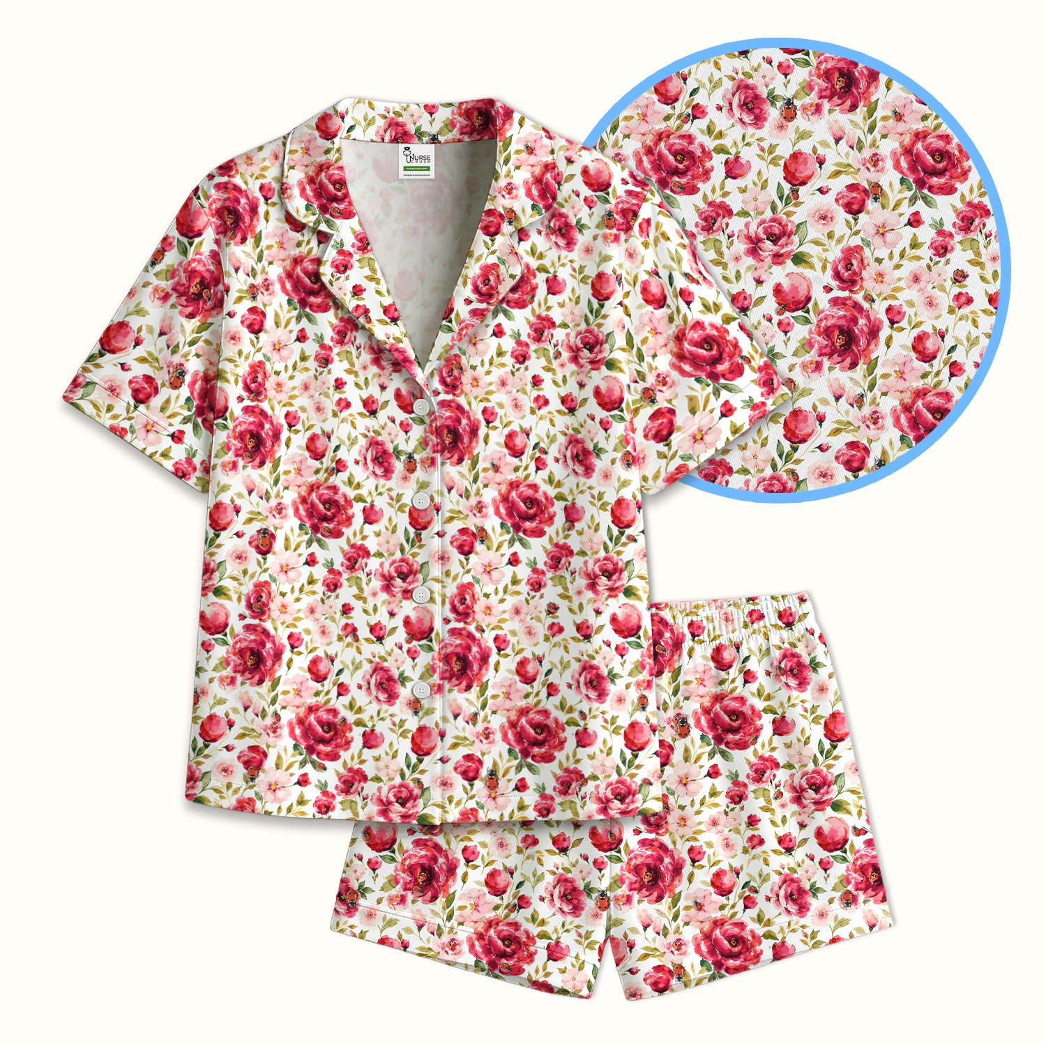 Pink Rose Ladybug Garden Pattern Pajama Set, Soft Breathable Fabric Comfortable Sleepwear