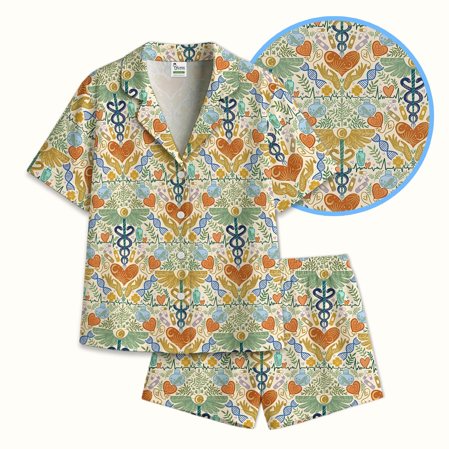 Inspirational Botanical Medical Caduceus Heart Nurse Pattern Pajama Set, Breathable Fabrics Uniform