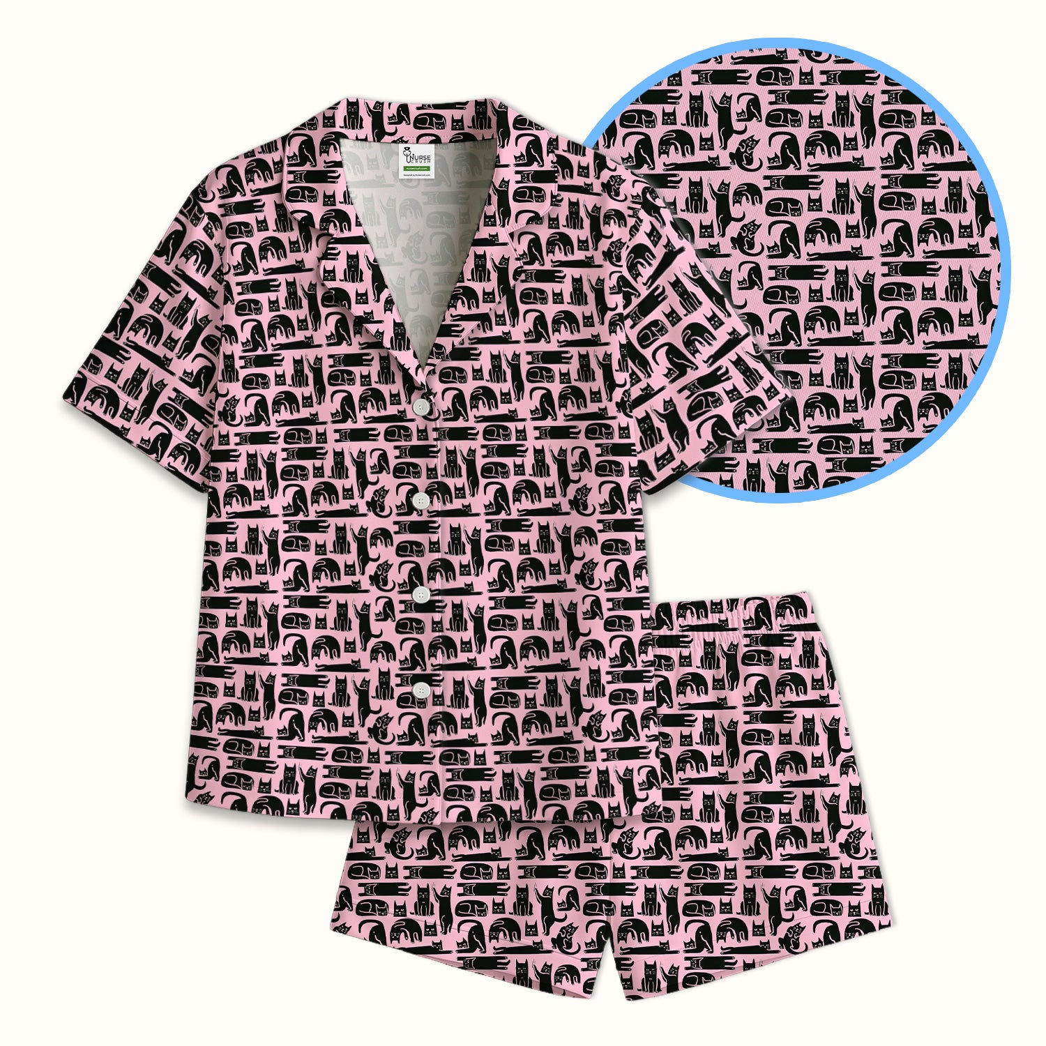 Cute Funny Cat Poses Print Pajama Set, Breathable Fabrics Uniform