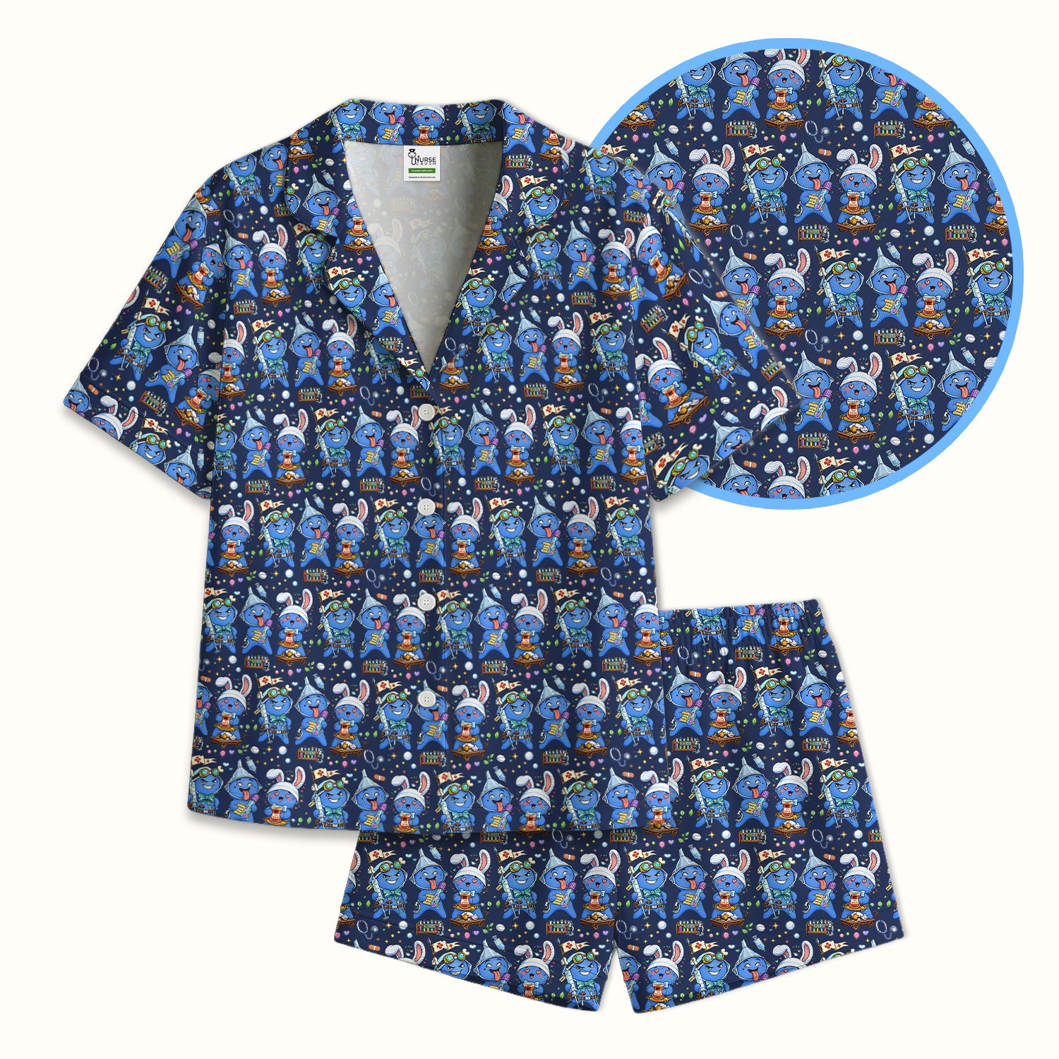 Cute Glove Doll Hospital Medical Cartoon Nurse Pattern Pajama Set, Breathable Fabrics Uniform