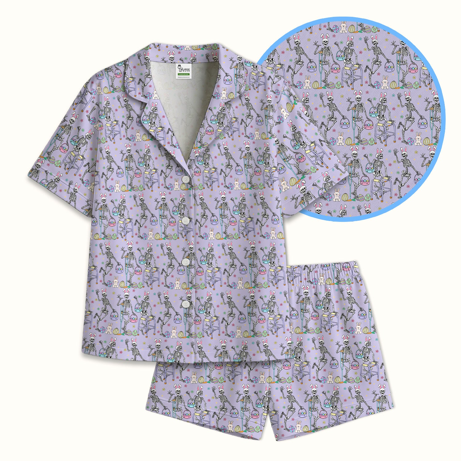 Fun Skeleton Bunny Easter Print Pajama Set, Breathable Fabrics Uniform