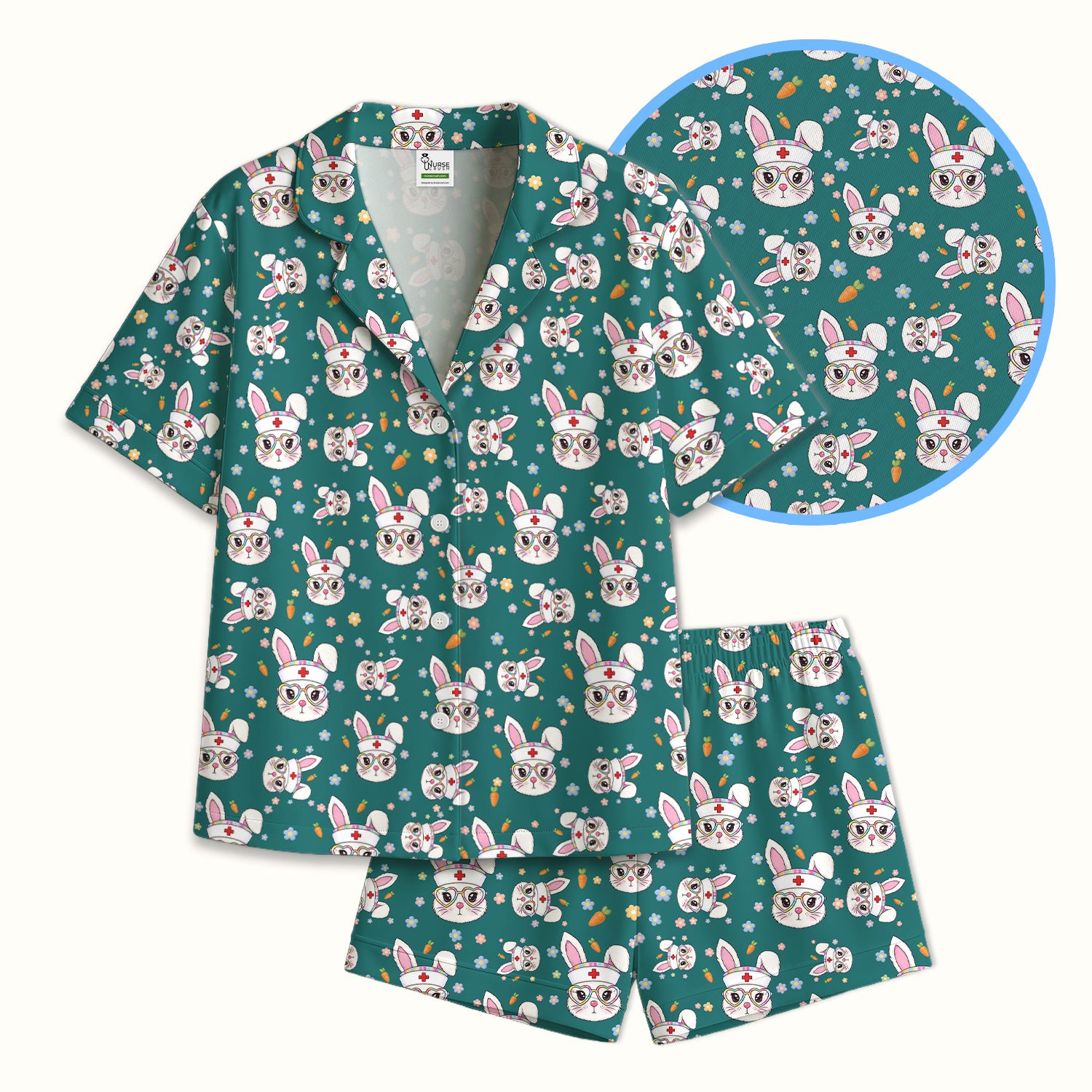 Cute Easter Bunny Nurse Pattern Pajama Set, Soft Breathable Fabric Comfortable Sleepwear