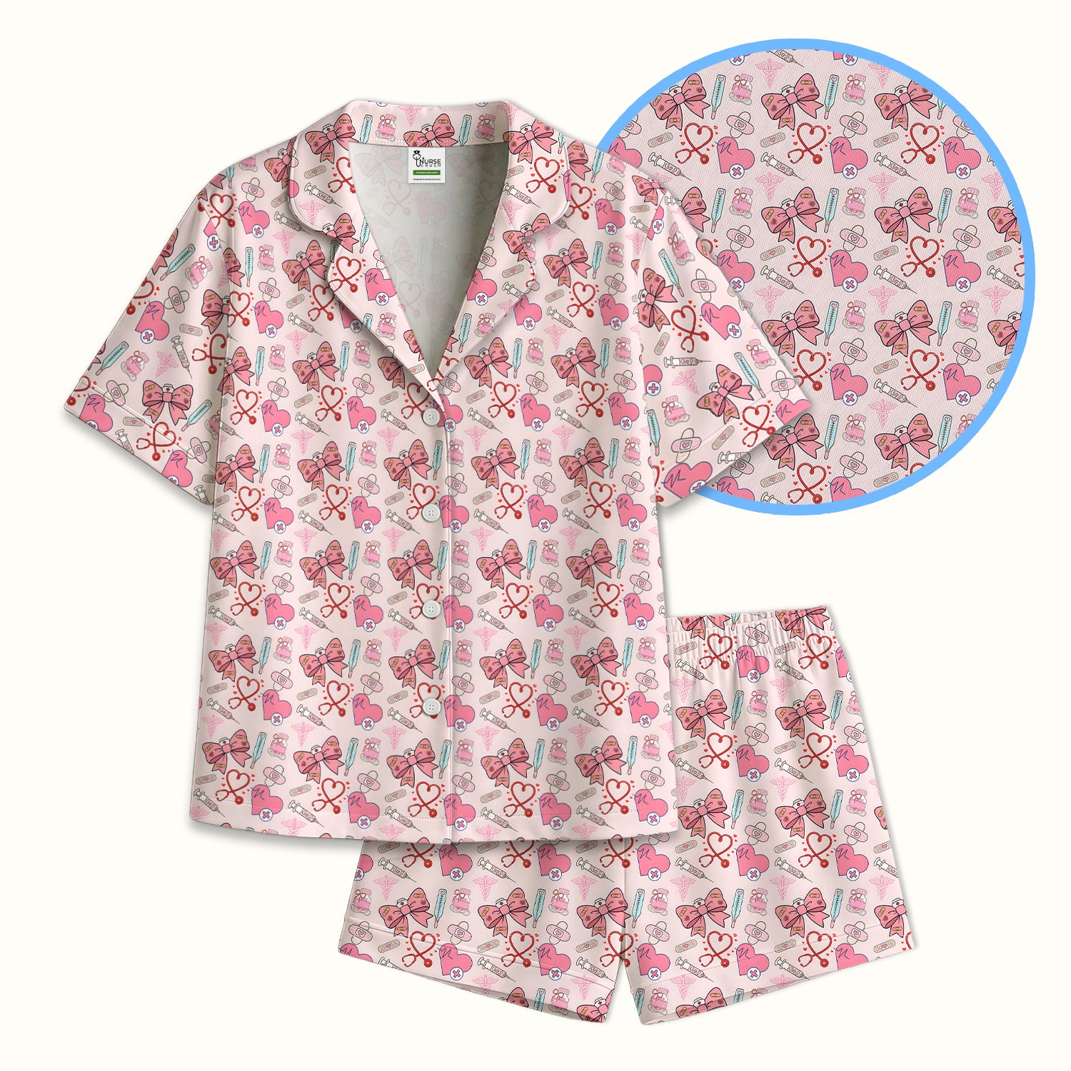 Pink Nurse Bow Heart Print Pajama Set, Soft Breathable Fabric Comfortable Sleepwear