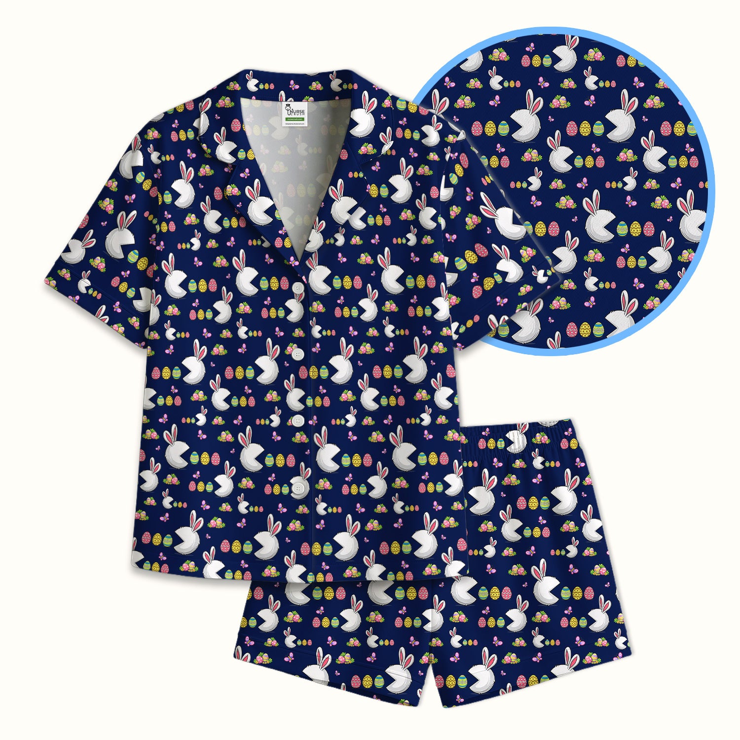 Easter Bunny and Colorful Eggs Print  Pajama Set, Breathable Fabrics Uniform