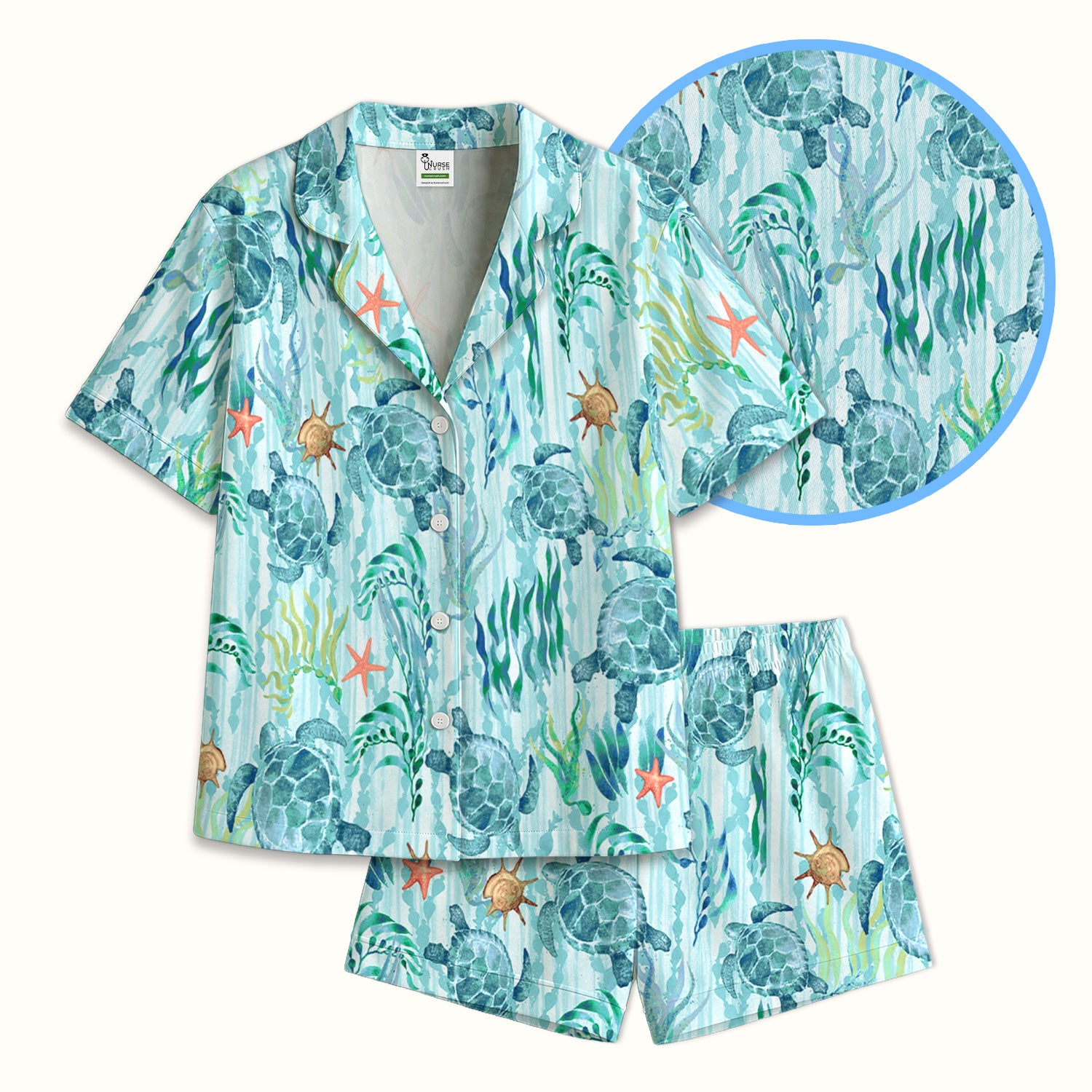 Sea Turtle Ocean Watercolor Print Pajama Set, Soft Breathable Fabric Comfortable Sleepwear