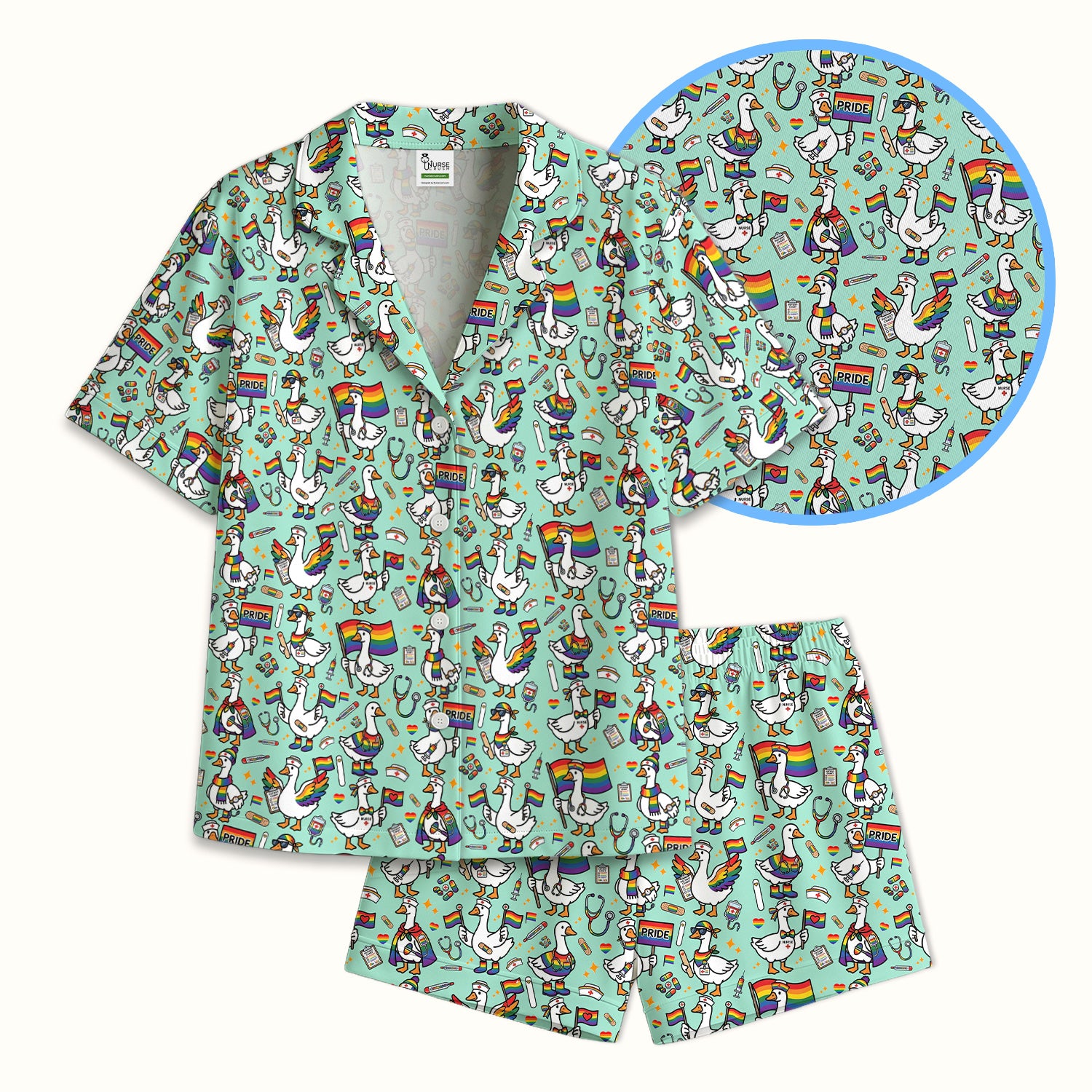 LGBT Pride Nurse Duck Pattern Pajama Set, Breathable Fabrics Uniform
