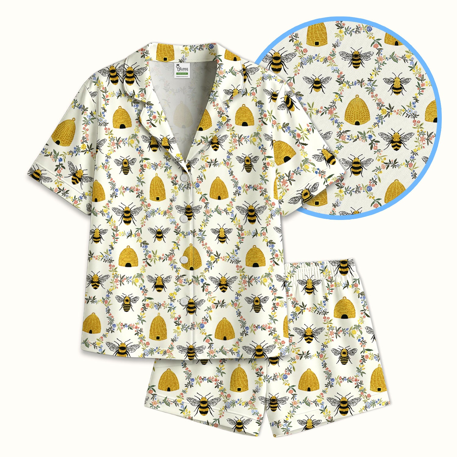 Honey Bee Beehive Floral Print Pajama Set, Soft Breathable Fabric Comfortable Sleepwear