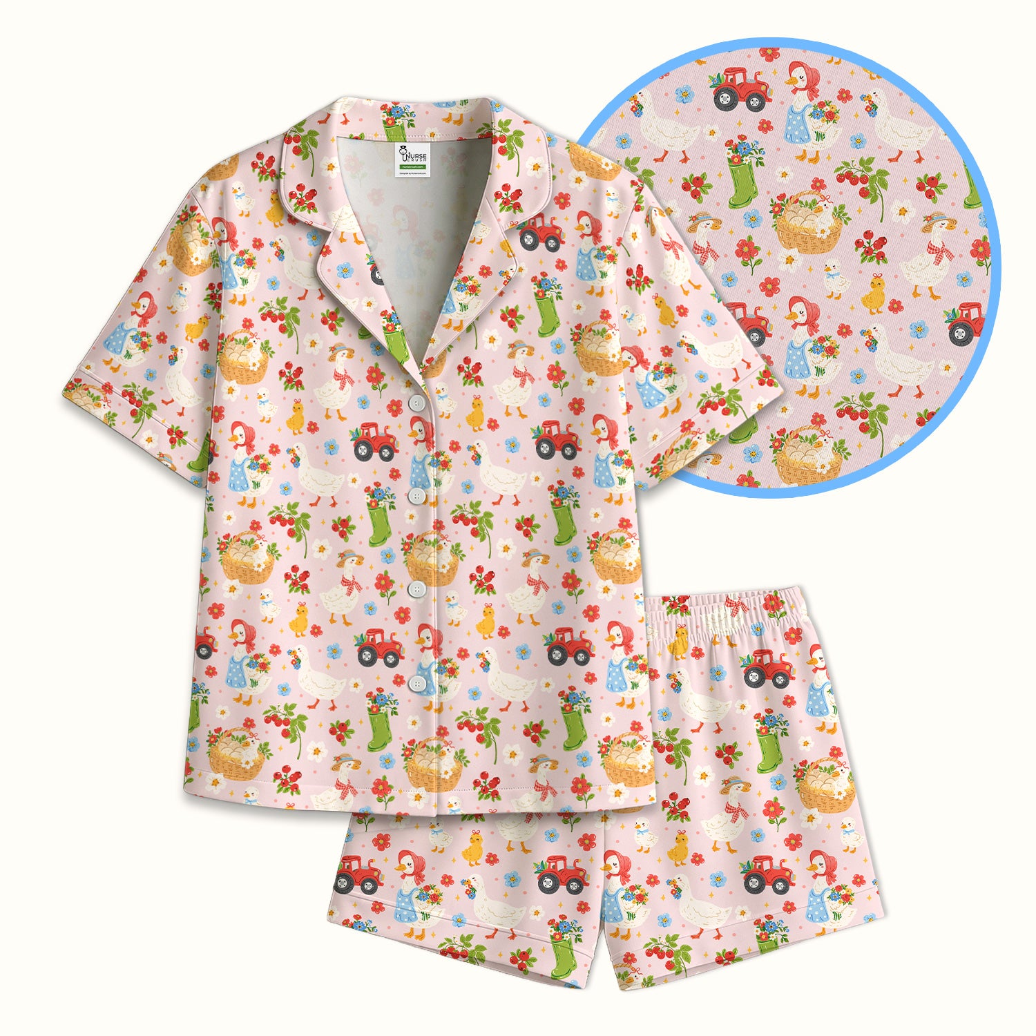 Farm Duck Chicken Tractor Flower Basket Pajama Set, Breathable Fabrics Uniform
