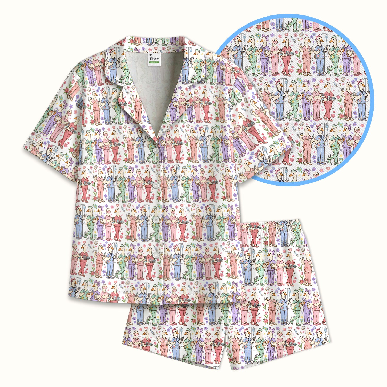 Goose Characters Floral Medical Team Uniform Pattern Pajama Set, Breathable Fabrics Uniform