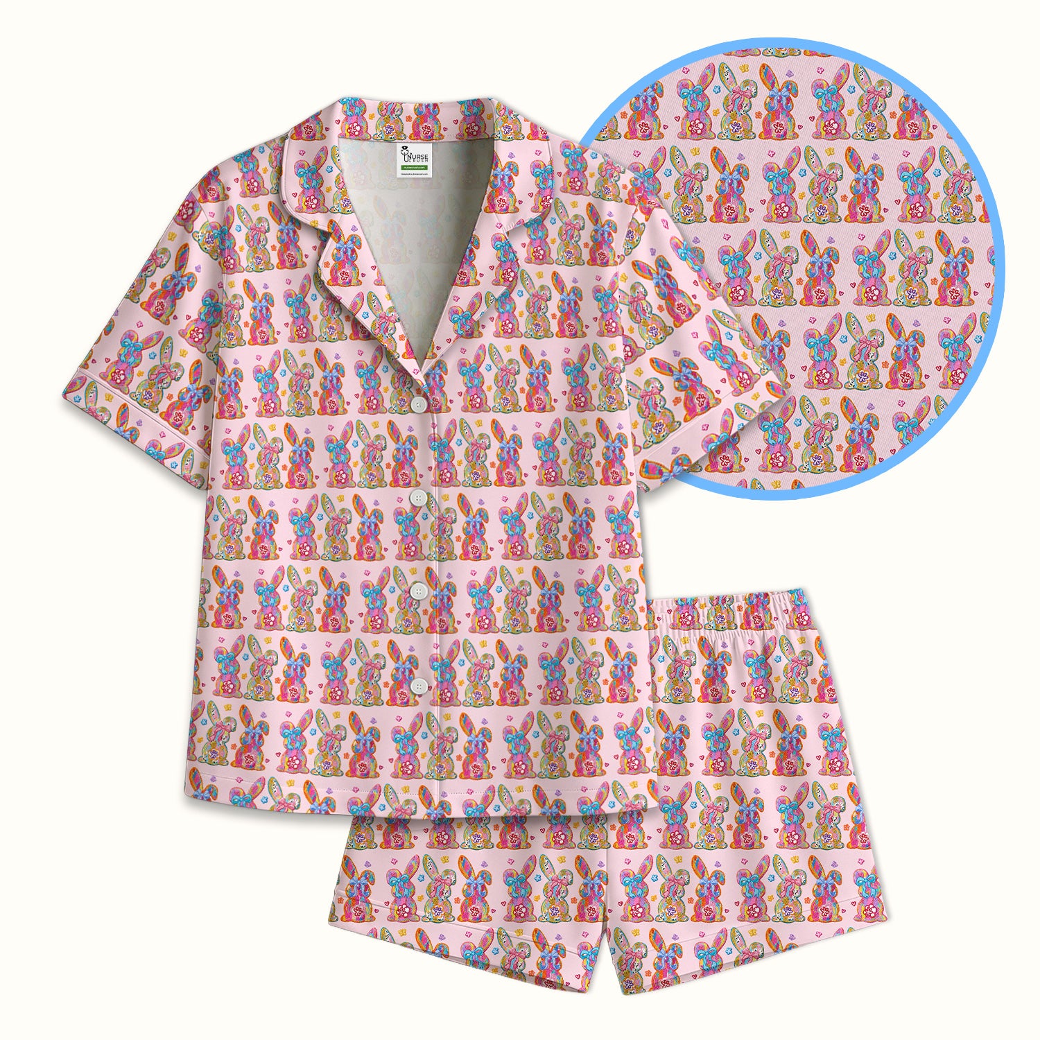 Cute Pastel Bunny Floral Pattern Pajama Set, Breathable Fabrics Uniform