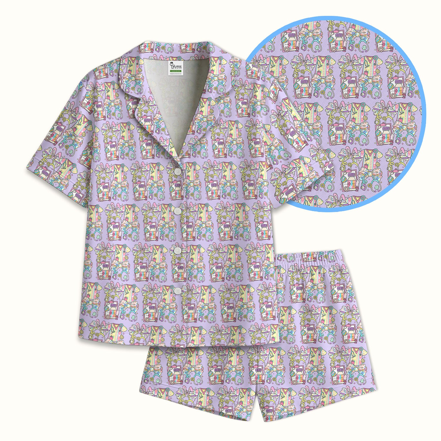 Colorful Nurse Scrub Supplies Pattern Pajama Set, Breathable Fabrics Uniform