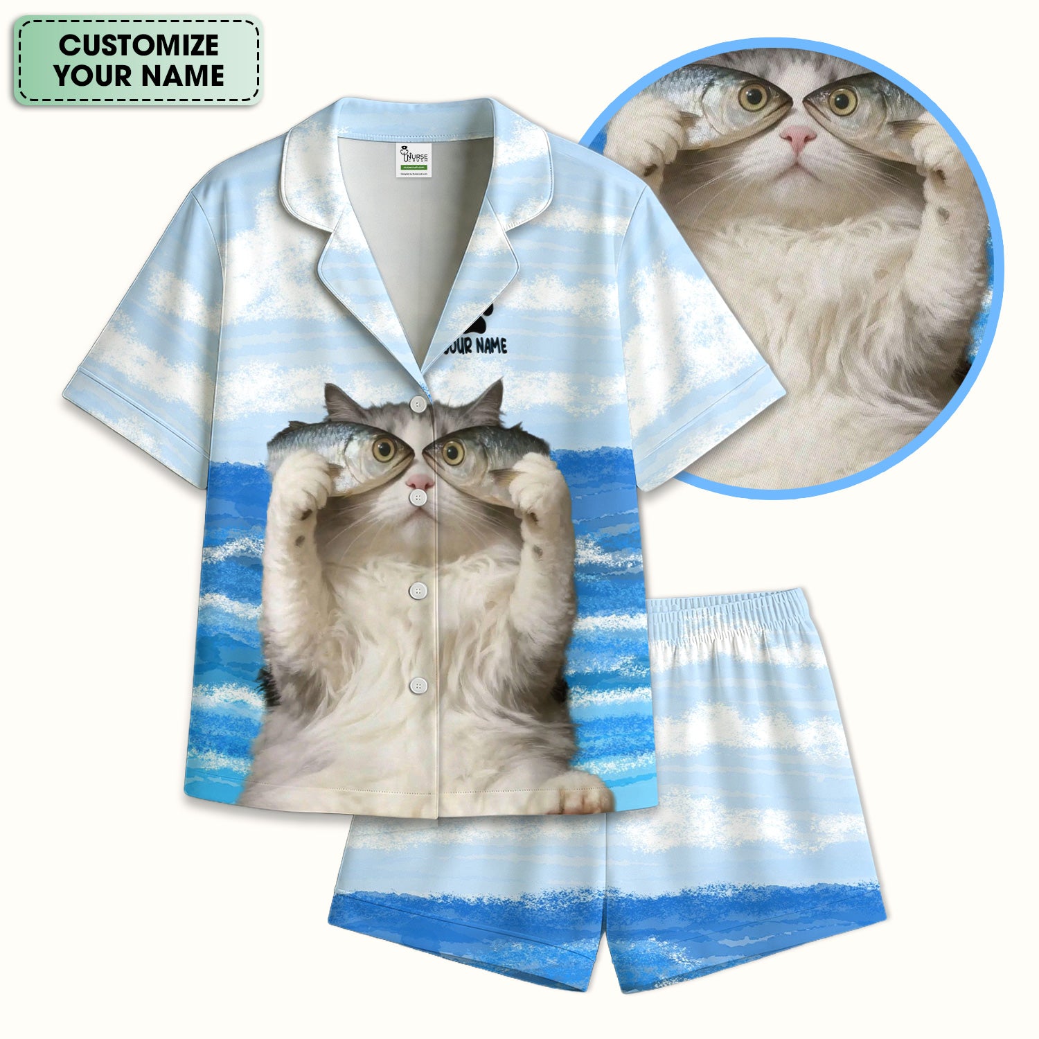 Personalized Cat Holding Fish Pattern Nurse Pajama Set, Soft Breathable Fabric Comfortable Sleepwear