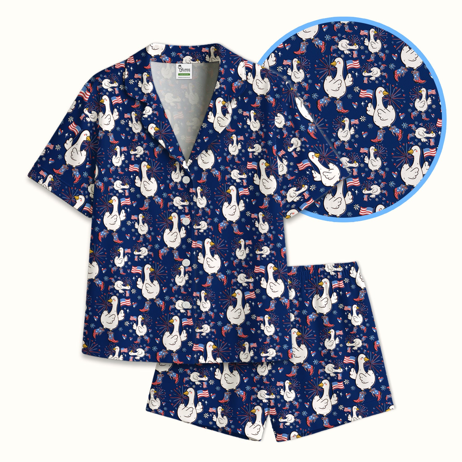Patriotic Goose With USA Flag Fireworks Pajama Set, Soft Breathable Fabric Comfortable Sleepwear