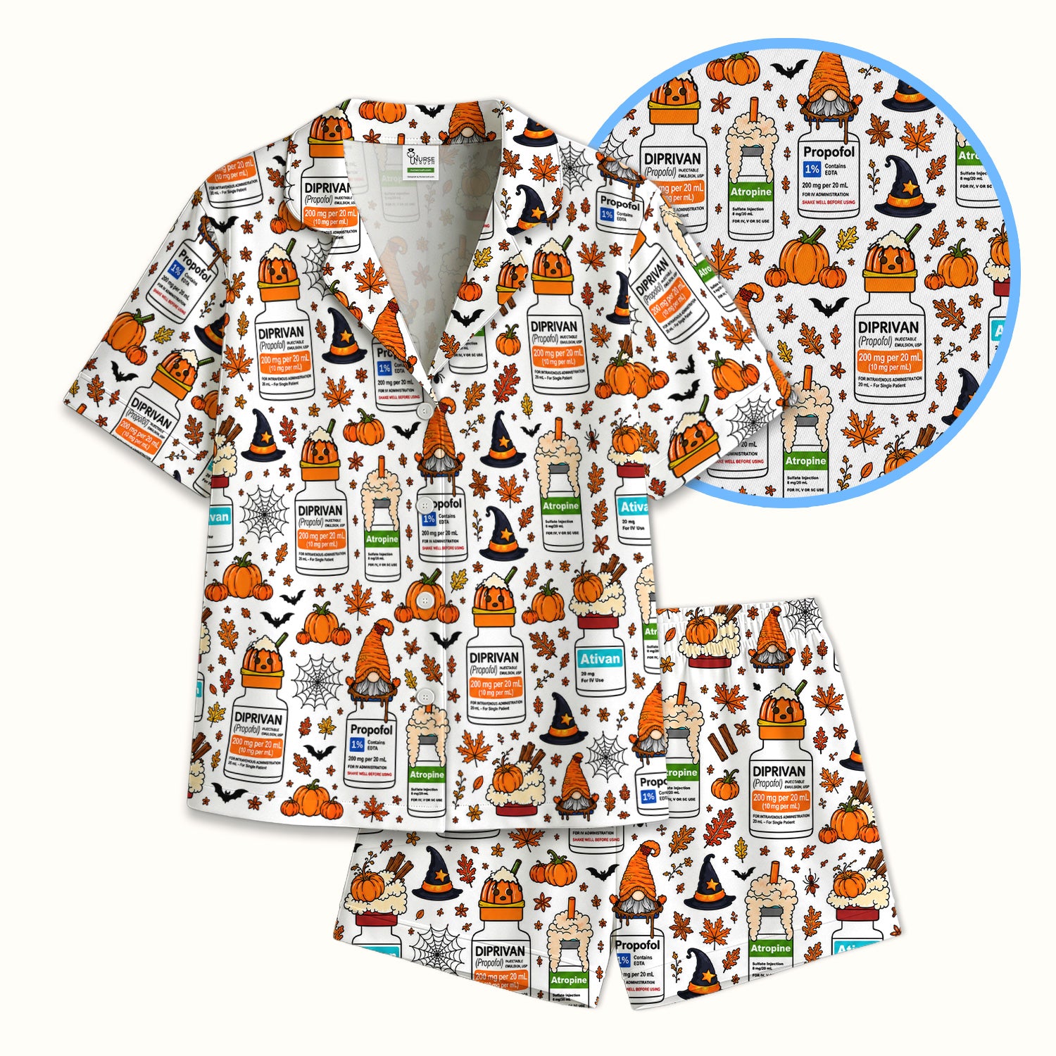 Funny Witch Hat & Pumpkin Print Pajama Set, Soft Breathable Fabric Comfortable Sleepwear