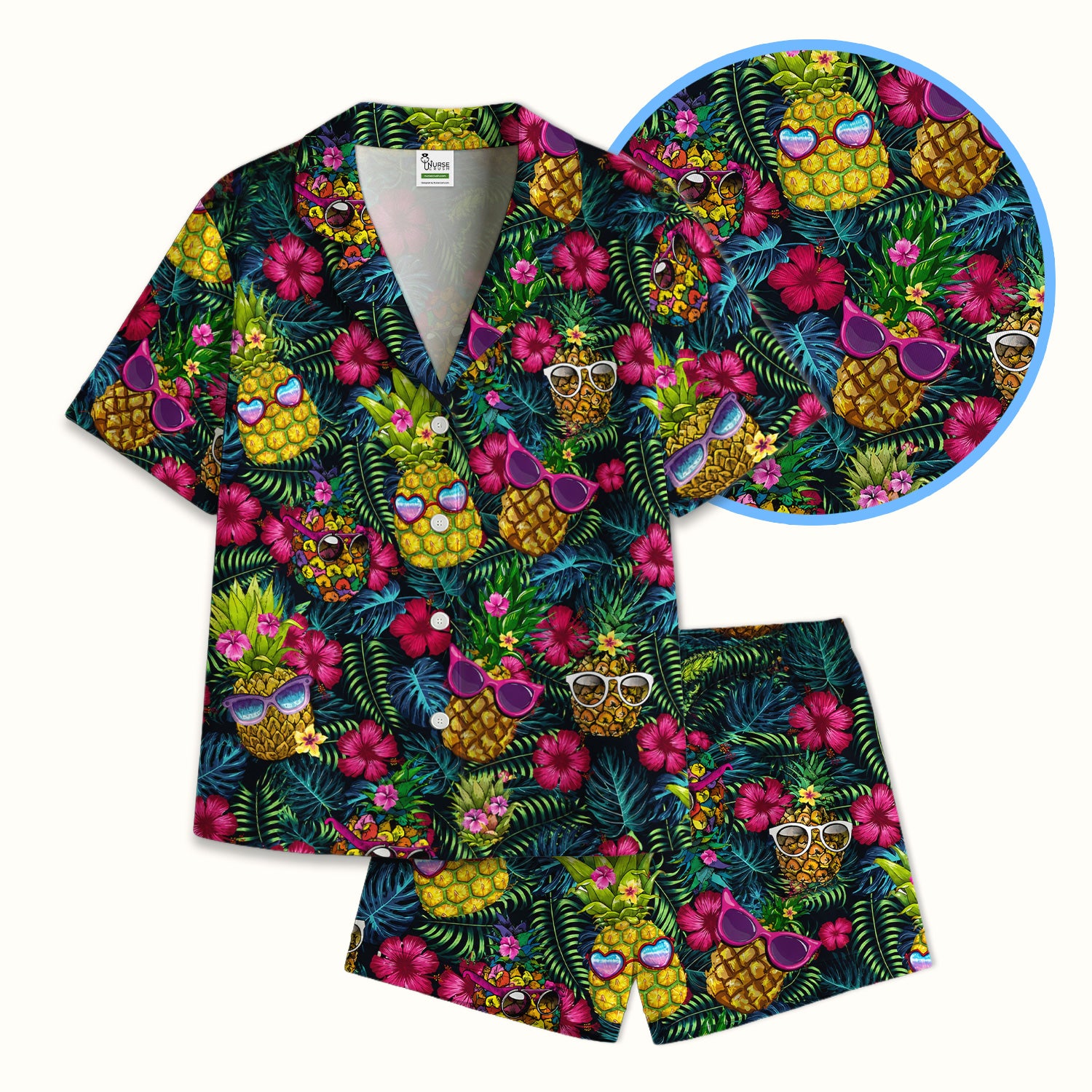 Cute Tropical Pineapple Sunglasses Pattern Pajama Set, Soft Breathable Fabric Comfortable Sleepwear