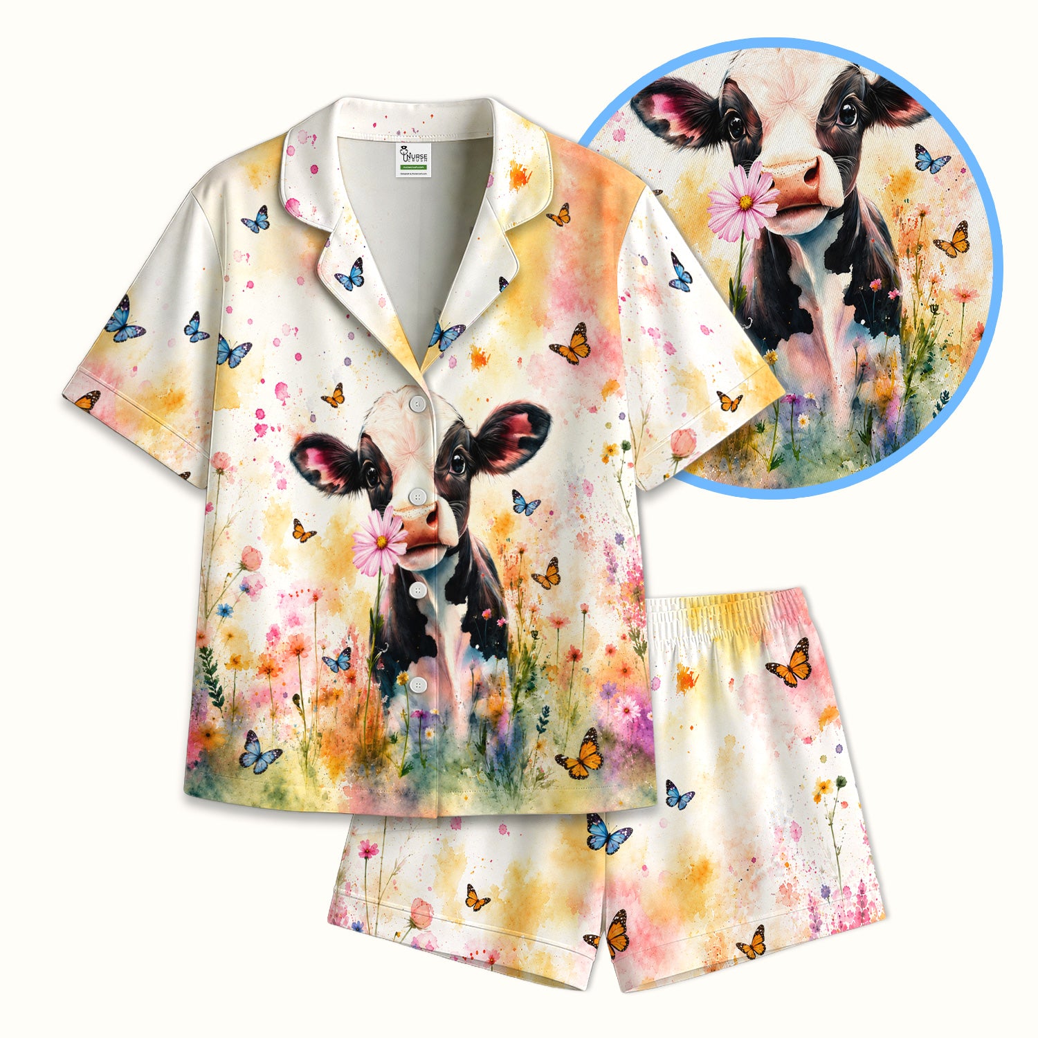 Cute Butterfly Baby Cow Pattern Pajama Set, Soft Breathable Fabric Comfortable Sleepwear