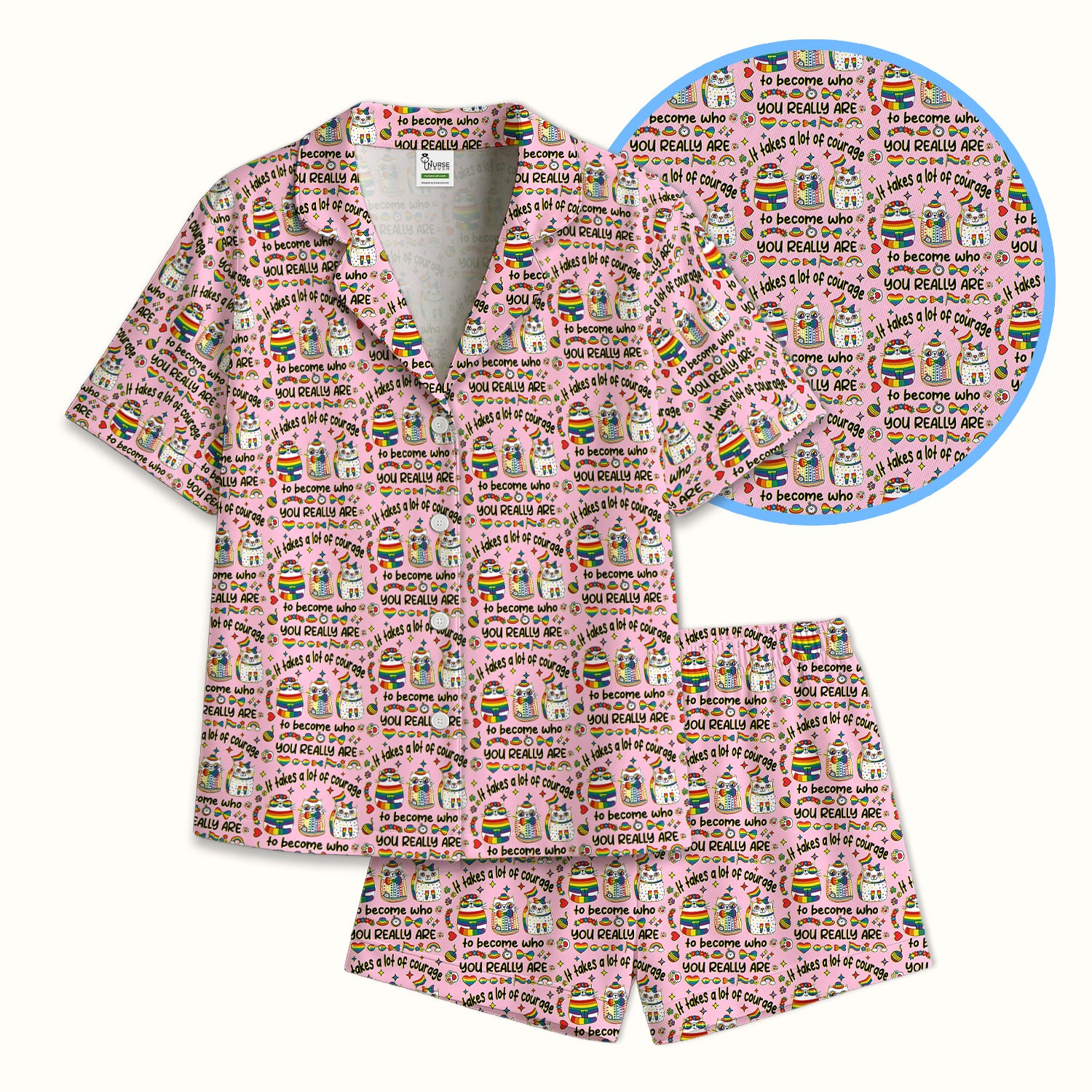 Inspirational Nurse Rainbow Cat Courage Quote Pattern Pajama Set, Breathable Fabrics Uniform