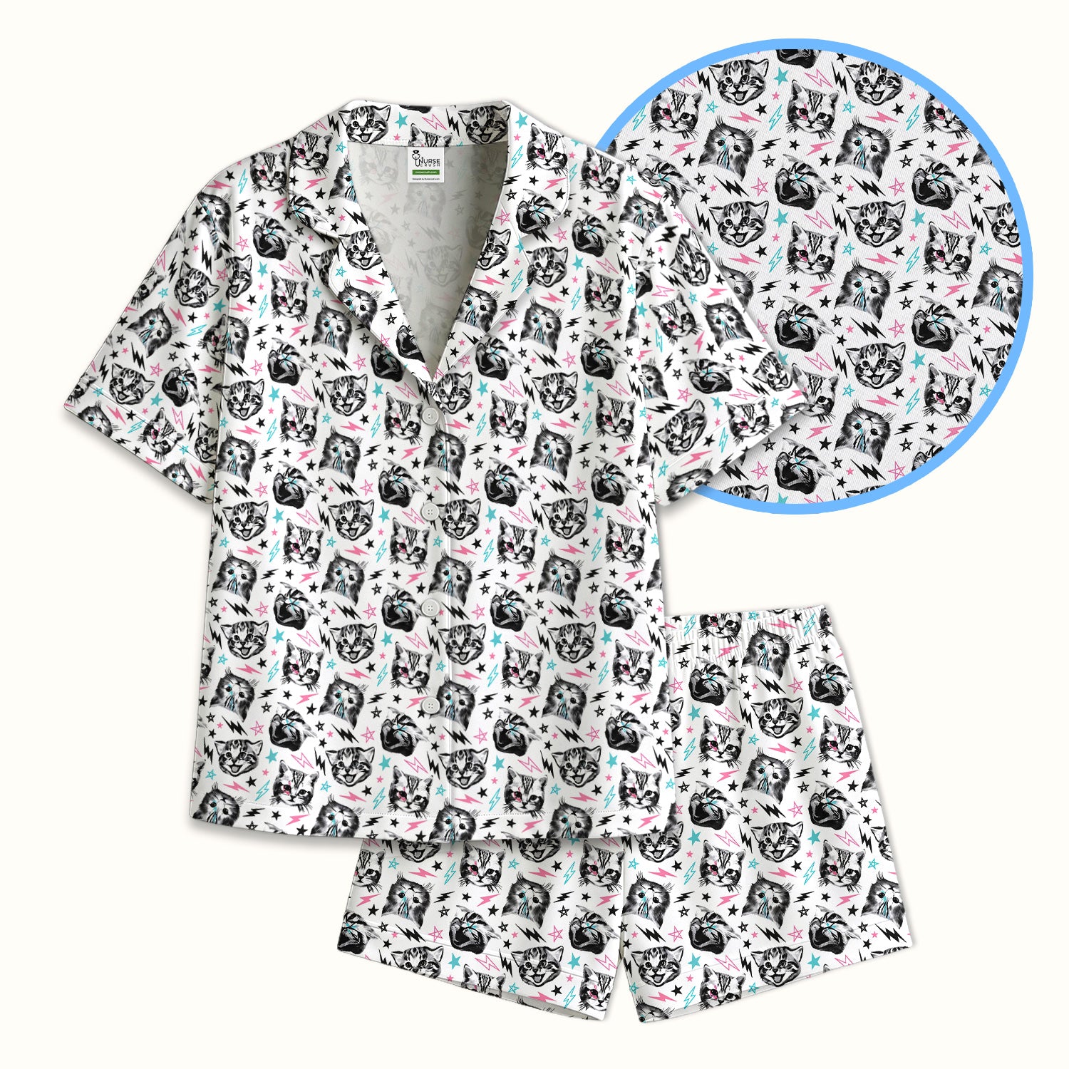 Playful Cat Faces Lightning Pattern Pajama Set, Soft Breathable Fabric Comfortable Sleepwear