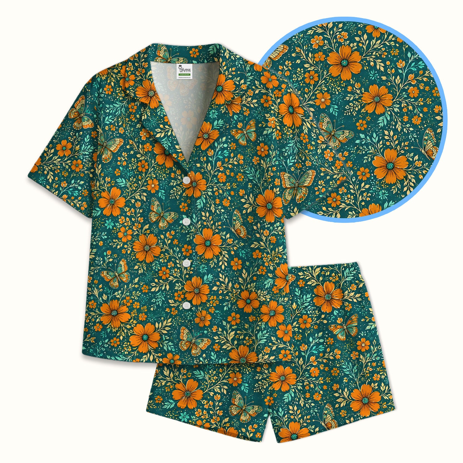 Orange Floral Butterfly Vine Pattern Pajama Set, Soft Breathable Fabric Comfortable Sleepwear