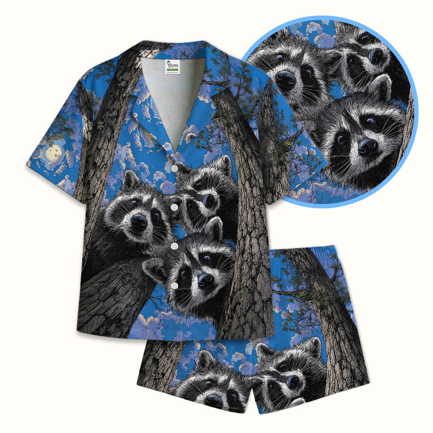 Cute Raccoon Tree Veterinary Pattern Pajama Set, Soft Breathable Fabric Comfortable Sleepwear
