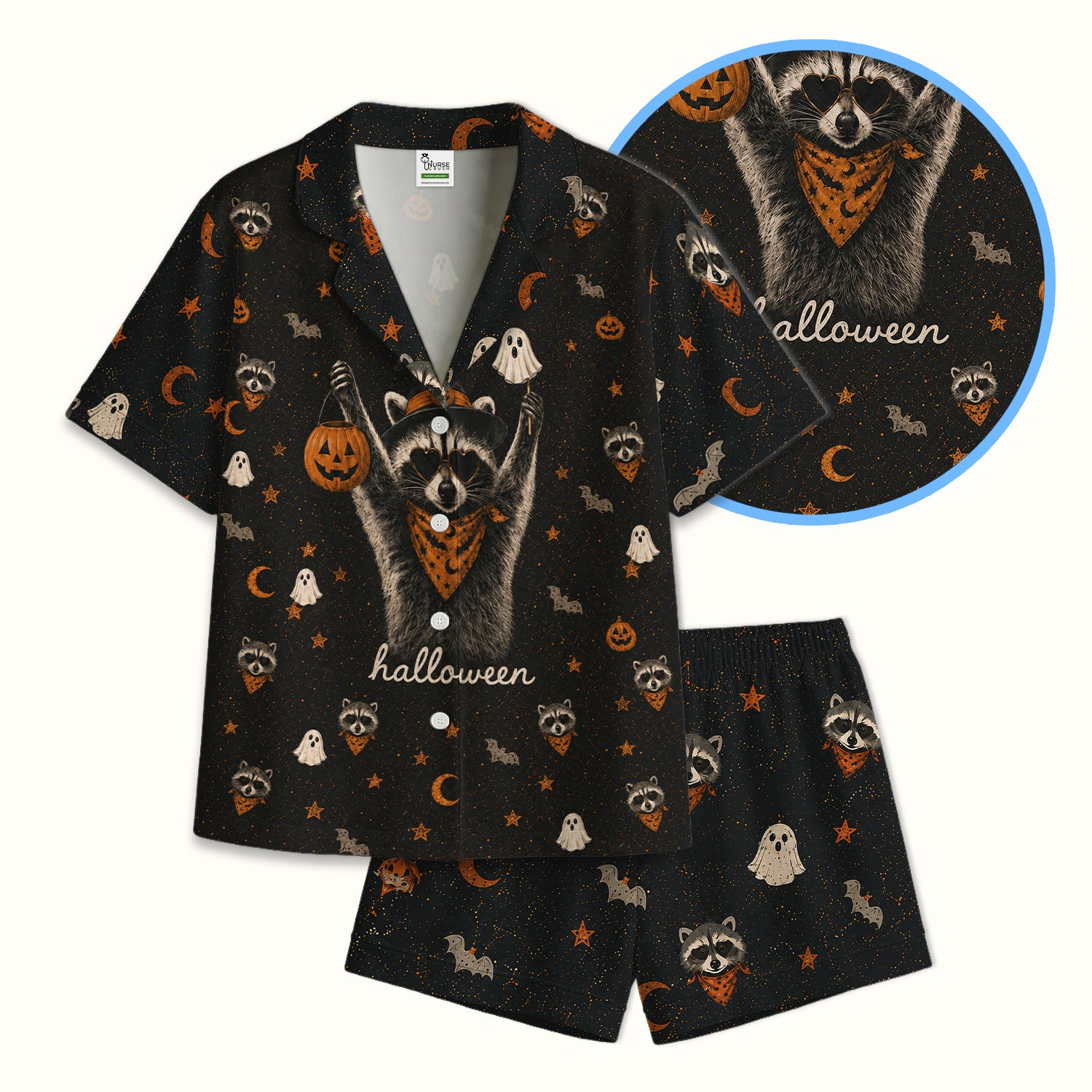 Ghost Pumpkin Raccoon Pattern Pajama Set, Soft Breathable Fabric Comfortable Sleepwear