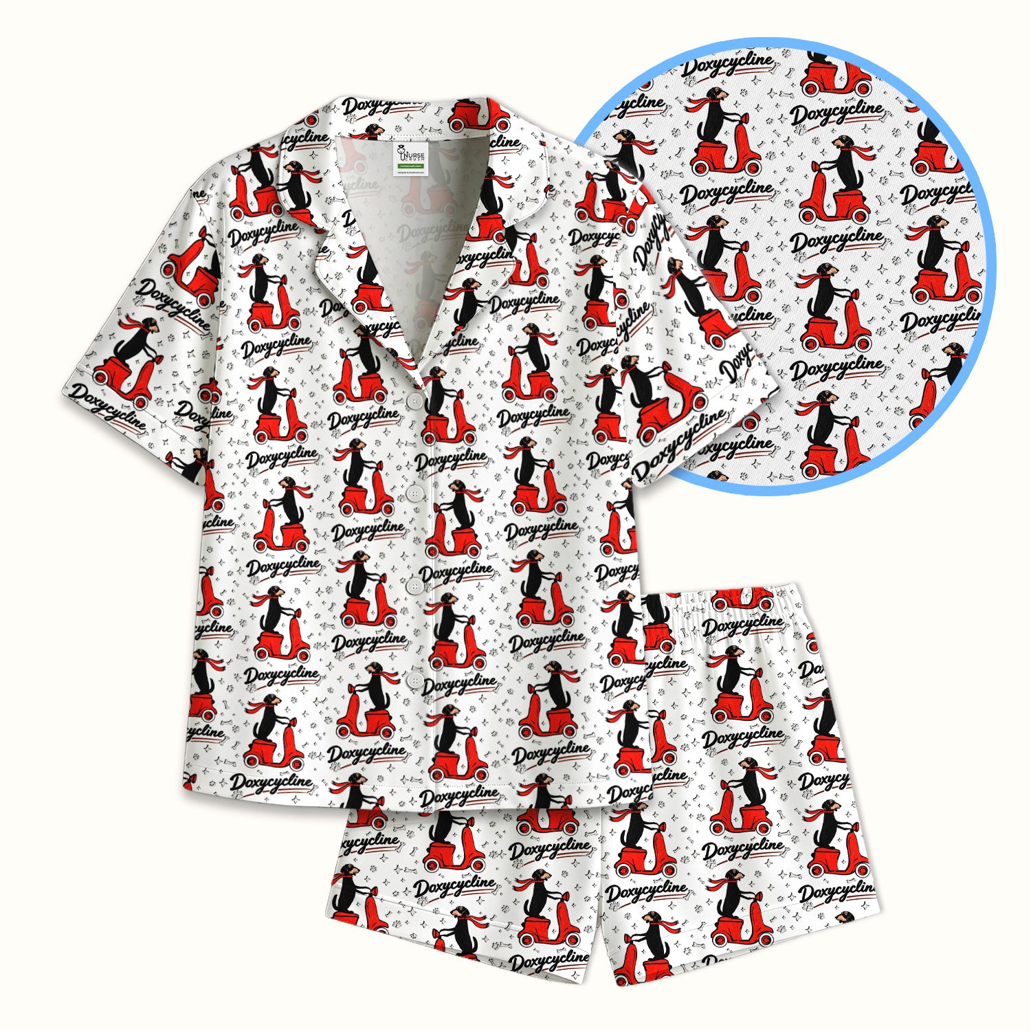 Funny Dachshund Riding Scooter Doxycycline Print Pajama Set, Breathable Fabrics Uniform