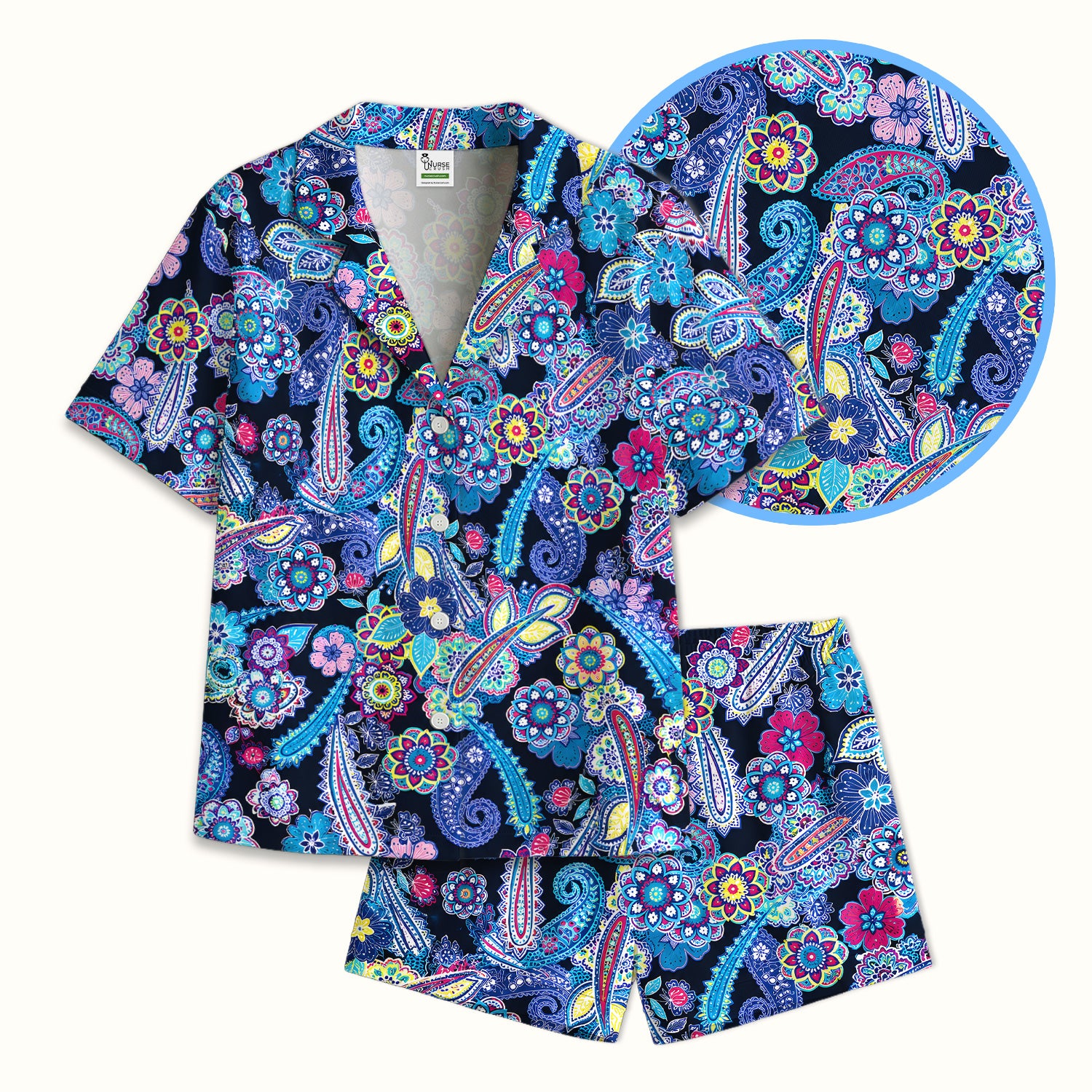 Vibrant Paisley Floral Pattern Pajama Set, Soft Breathable Fabric Comfortable Sleepwear