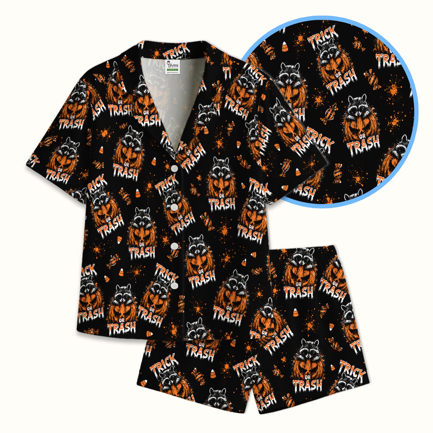 Funny Halloween Trick Or Trash Raccoon Pajama Set, Soft Breathable Fabric Comfortable Sleepwear