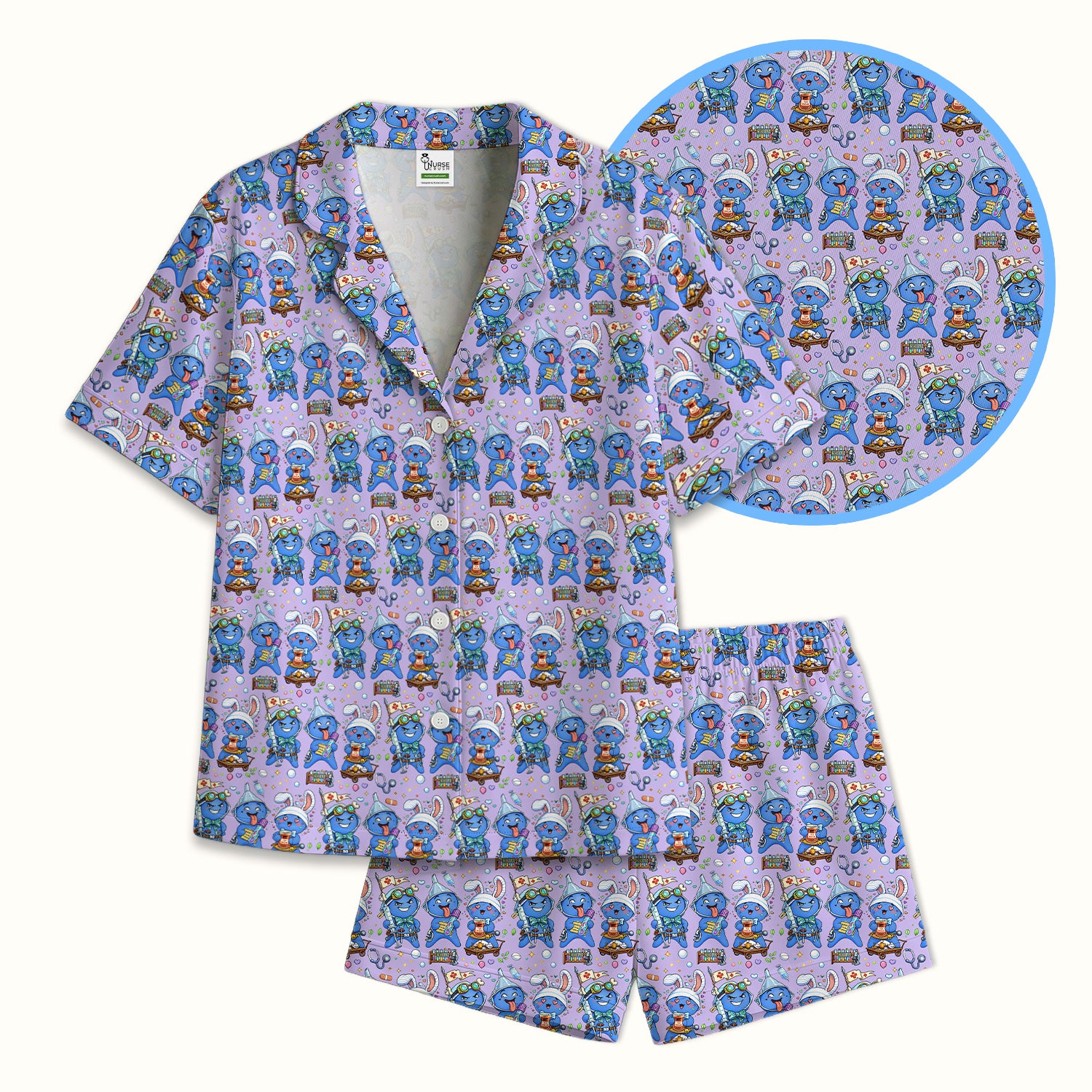 Cute Glove Doll Hospital Medical Cartoon Nurse Pattern Pajama Set, Breathable Fabrics Uniform