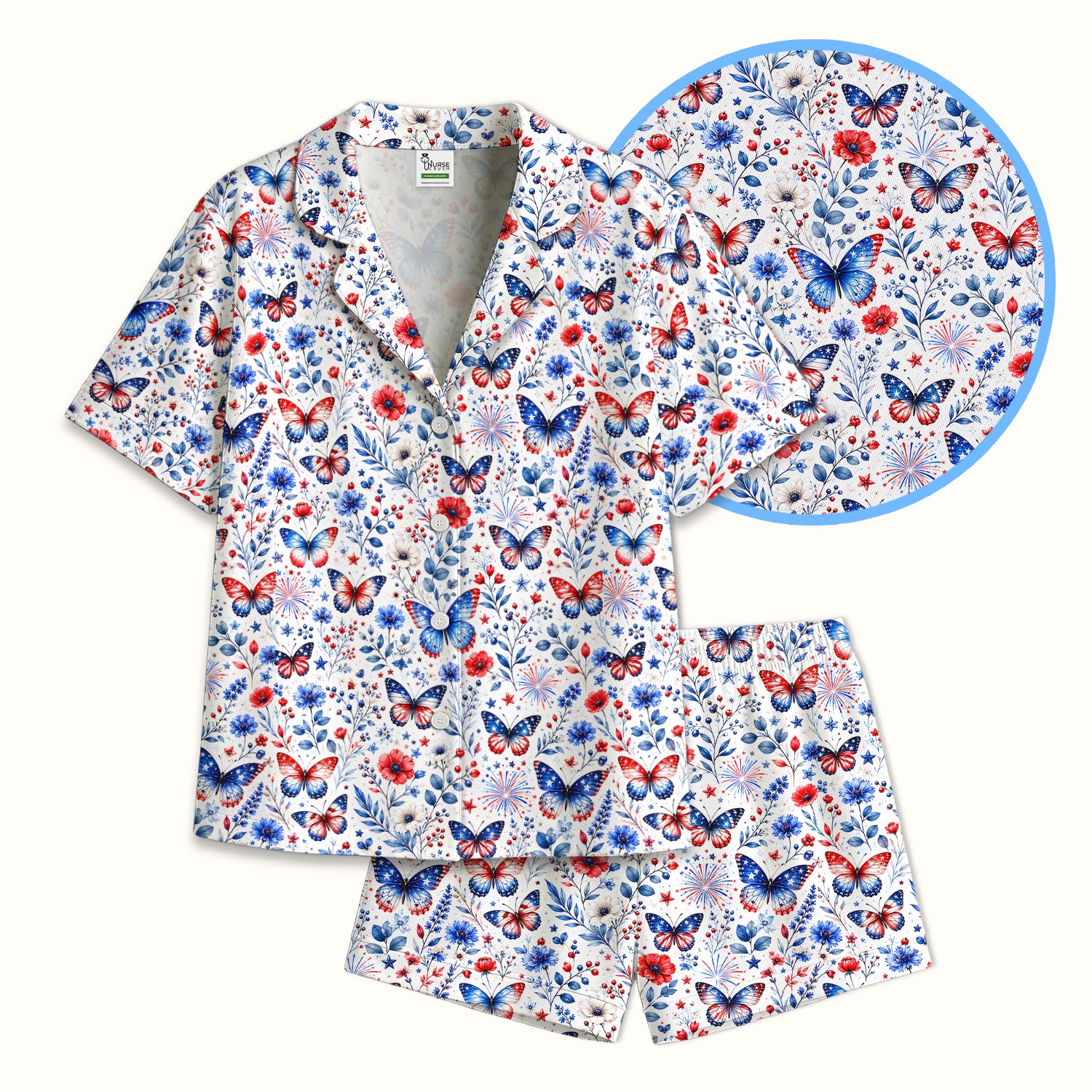 Patriotic Butterfly Fireworks Floral Pattern Pajama Set, Soft Breathable Fabric Comfortable Sleepwear