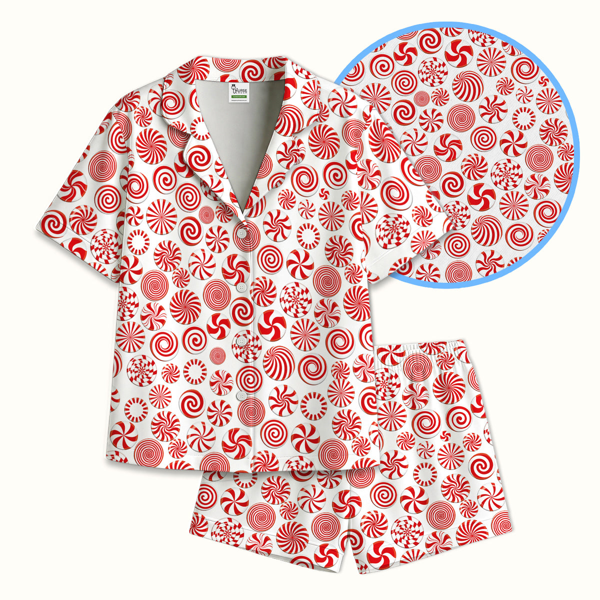 Christmas Peppermint Candy Pattern Pajama Set, Soft Breathable Fabric Comfortable Sleepwear
