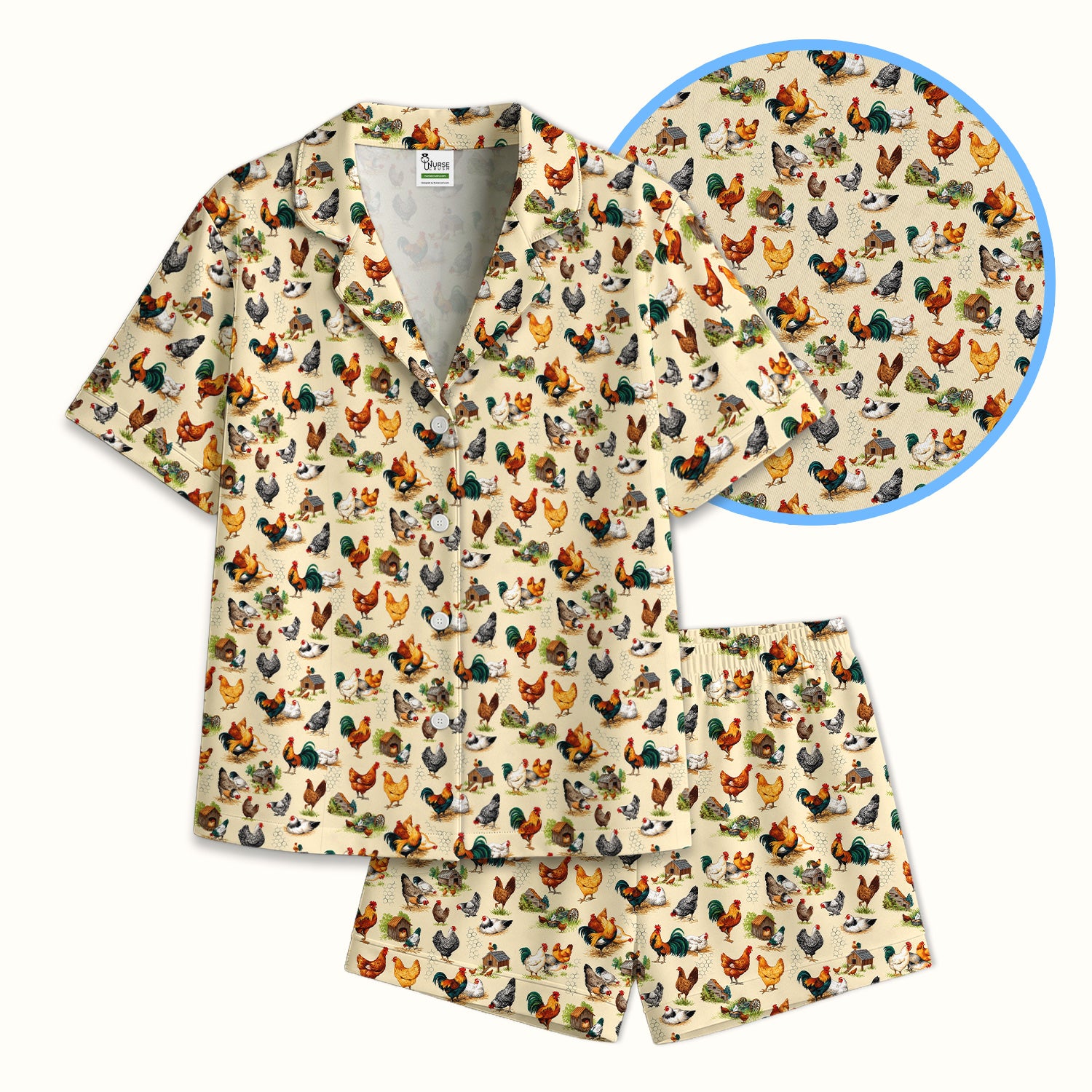 Farm Chicken Rooster Coop Pattern Pajama Set, Soft Breathable Fabric Comfortable Sleepwear