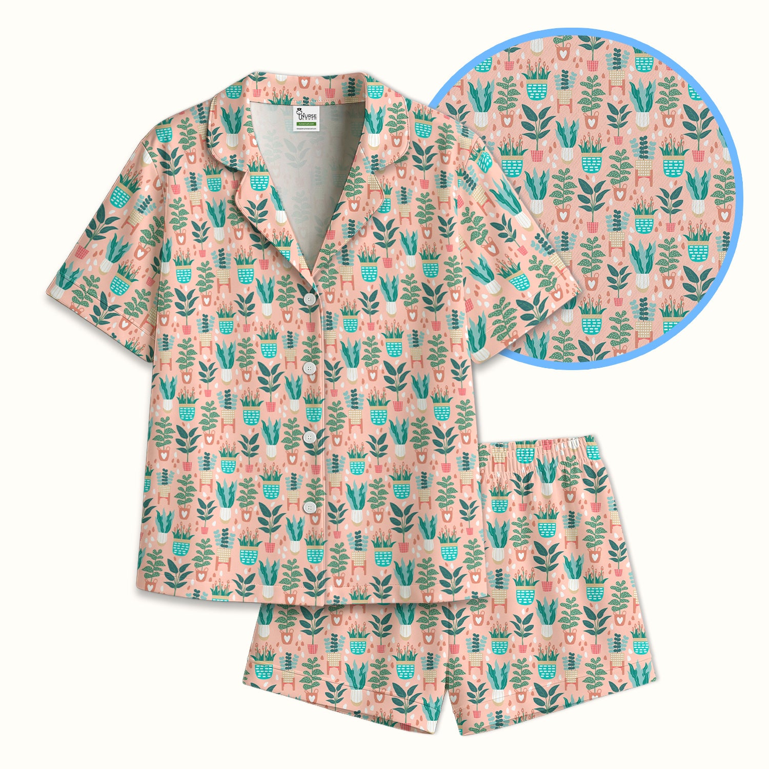 Potted Houseplant Leaves Pattern Pajama Set, Soft Breathable Fabric Comfortable Sleepwear