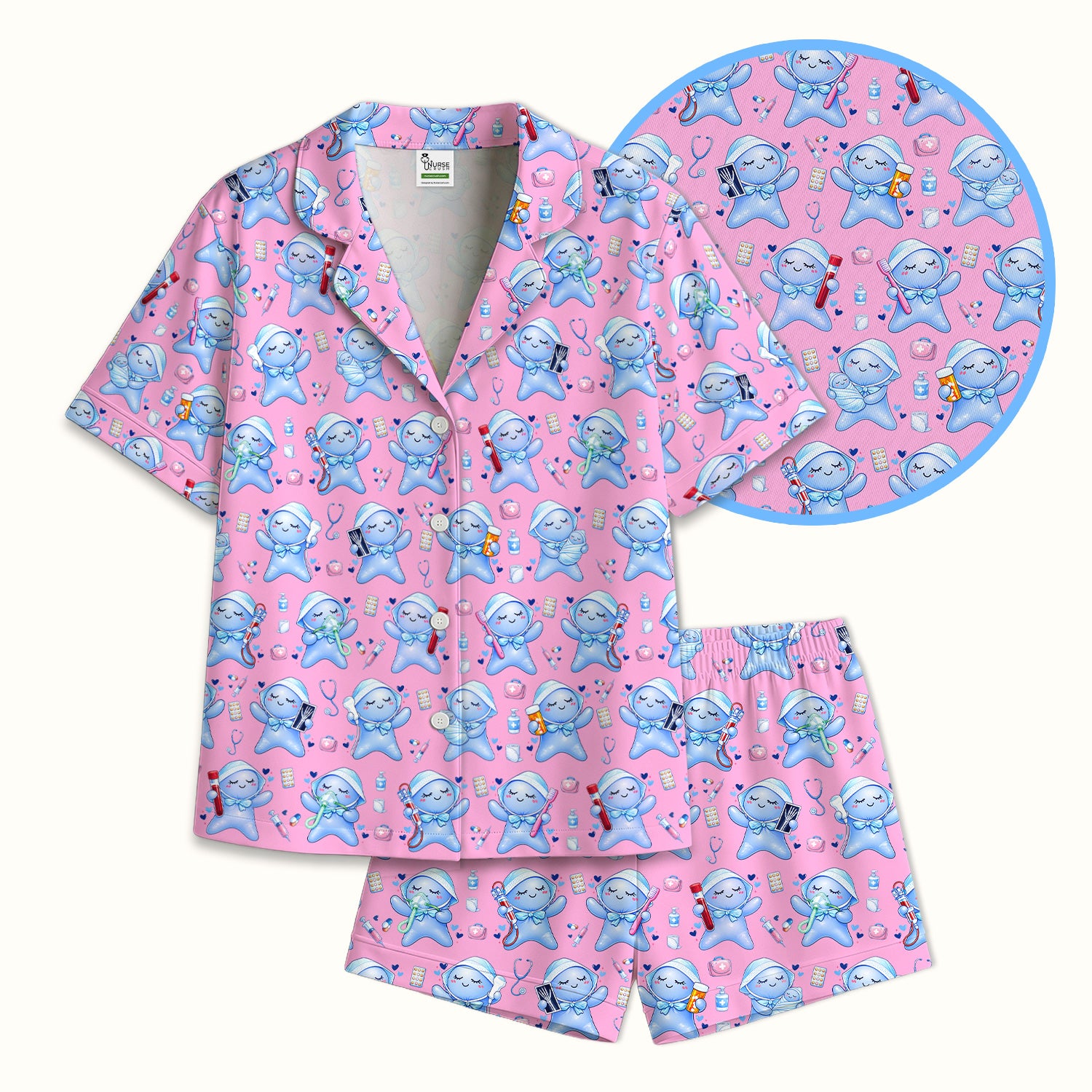 Cute Tooth Character Dental Tools Caring Pattern Pajama Set, Breathable Fabrics Uniform