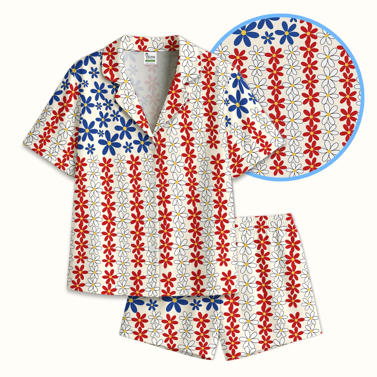 Retro Red Blue Daisy Stripe Pattern Pajama Set, Soft Breathable Fabric Comfortable Sleepwear