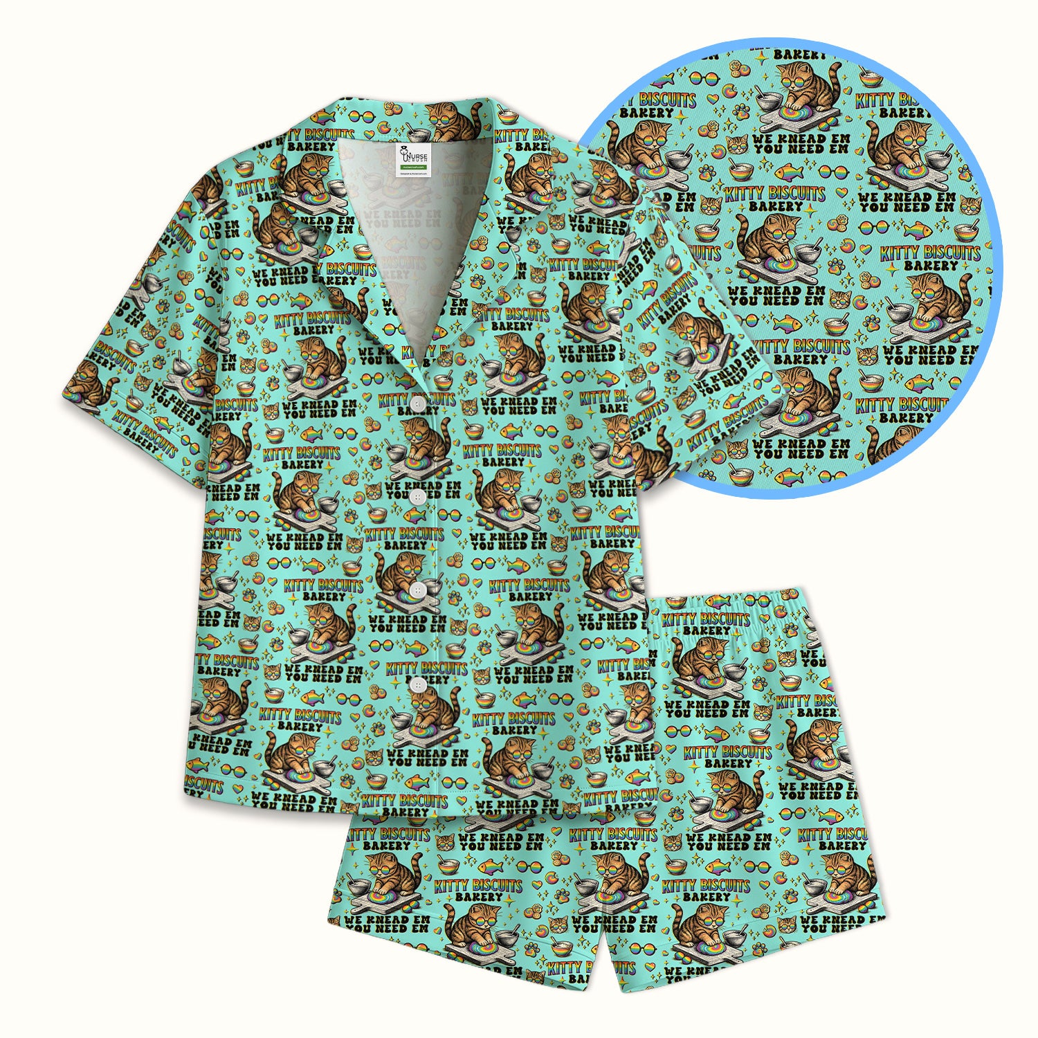 Pride Nurse Cat Baking Rainbow Dough Pattern Pajama Set, Breathable Fabrics Uniform