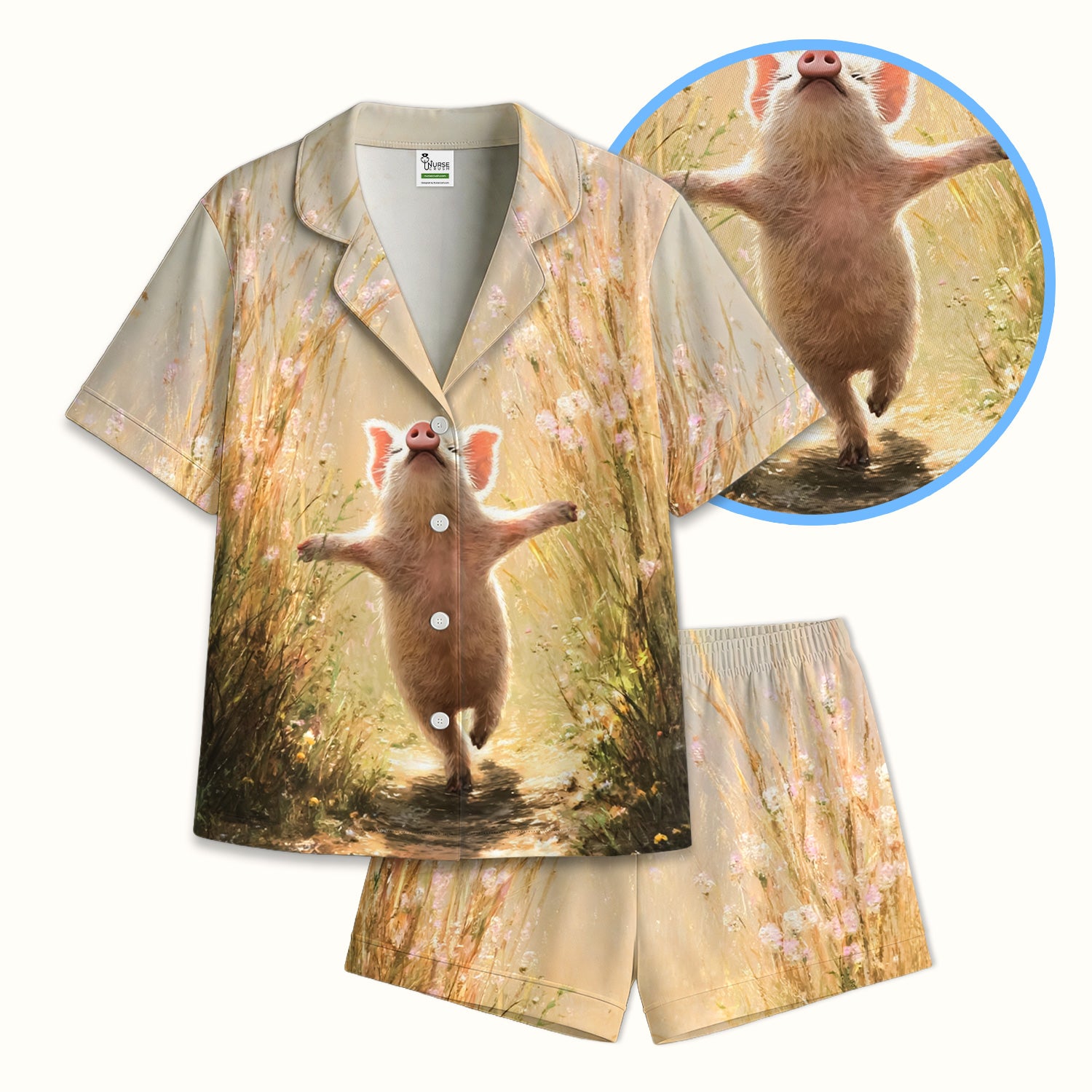 Happy Pig Running Meadow Pattern Nurse Pajama Set, Soft Breathable Fabric Comfortable Sleepwear