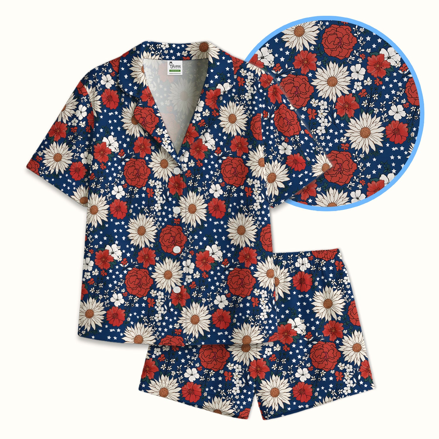 Red White Blue Floral Pattern Pajama Set, Soft Breathable Fabric Comfortable Sleepwear