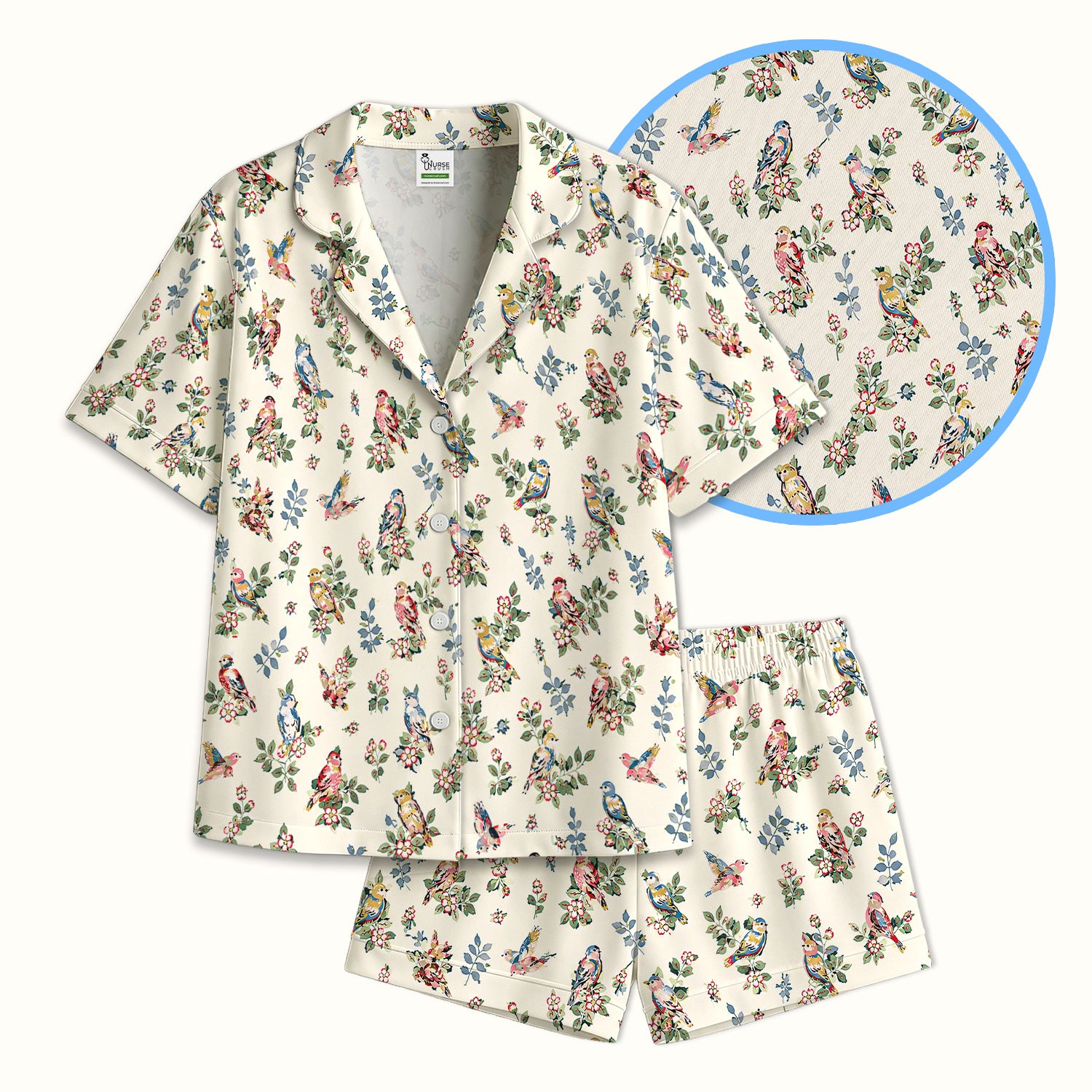Cute Vintage Birds Blossom Pattern Pajama Set, Soft Breathable Fabric Comfortable Sleepwear