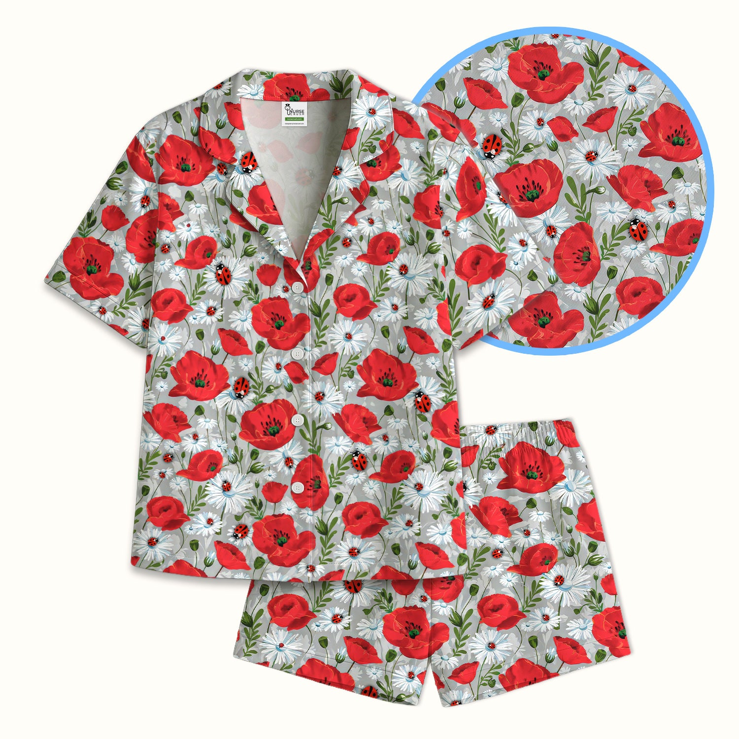Cute Red Poppy Daisy Ladybug Floral Print Pajama Set, Soft Breathable Fabric Comfortable Sleepwear