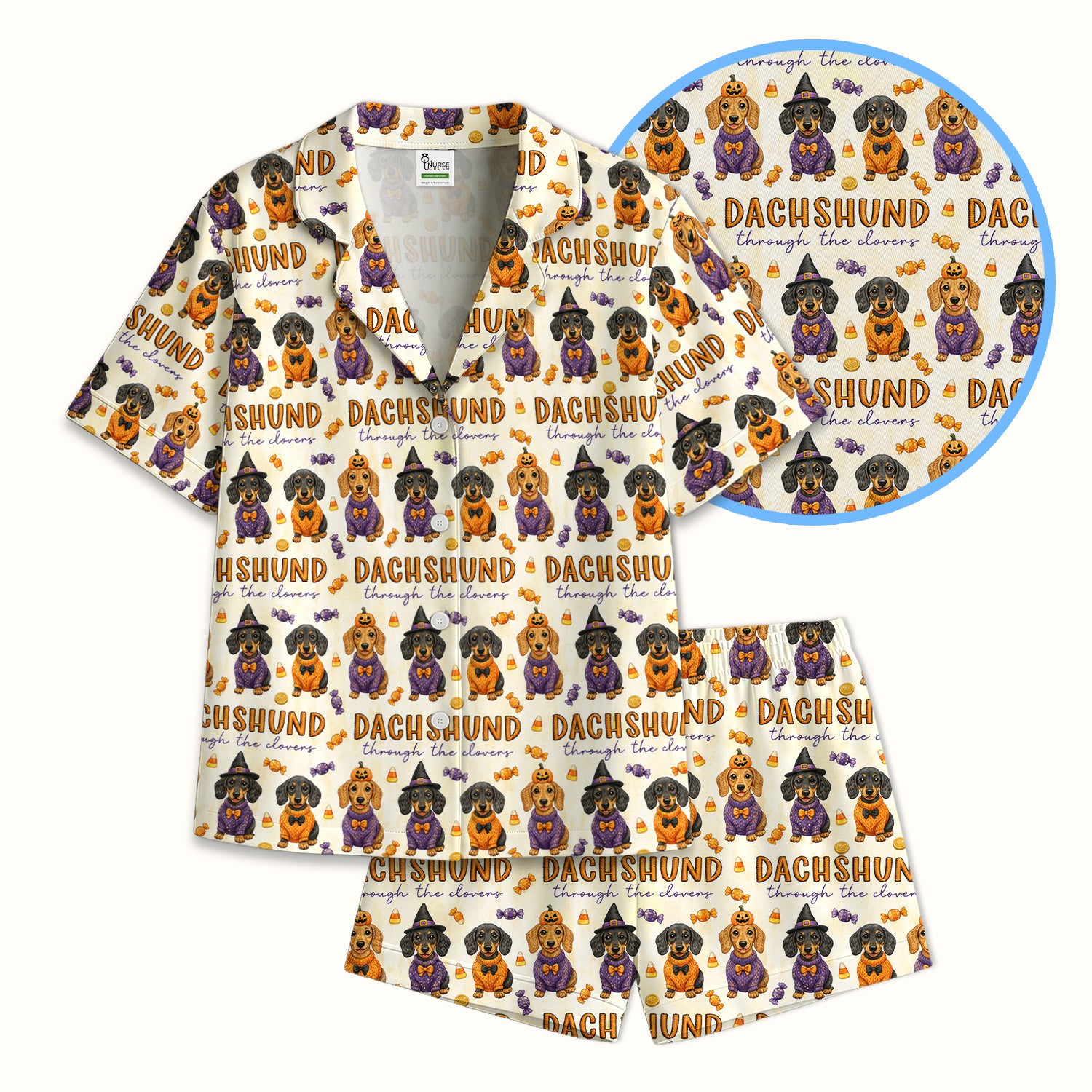 Candy Dachshund Pattern Pajama Set, Soft Breathable Fabric Comfortable Sleepwear