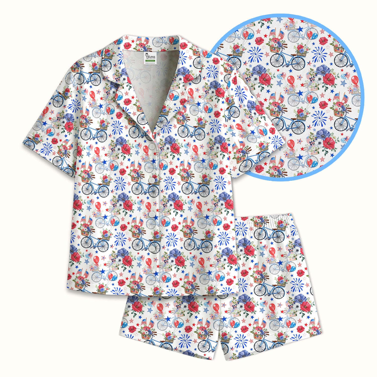 Patriotic Bicycle Floral Fireworks Print Pajama Set, Soft Breathable Fabric Comfortable Sleepwear