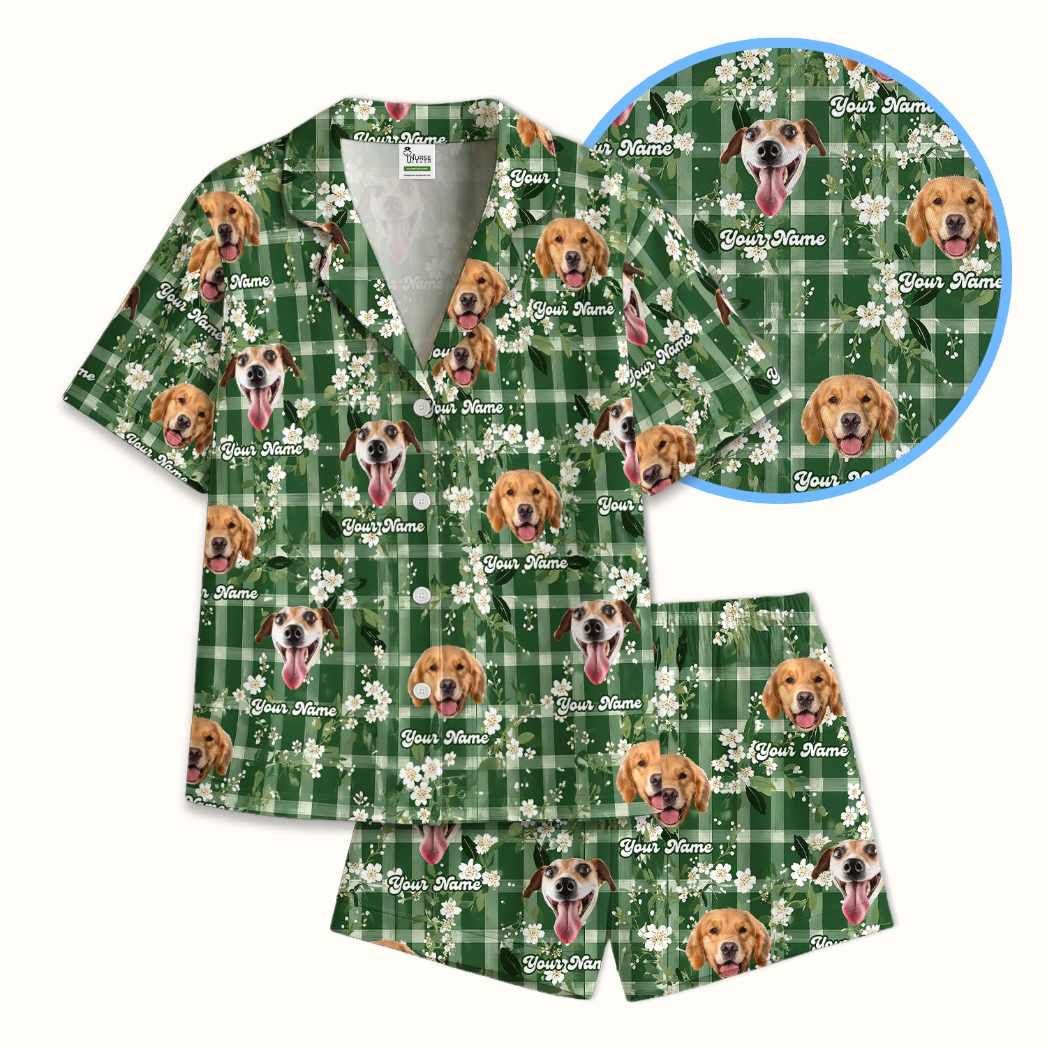 Custom Dog Face Pajama Set, Dog Green Plaid Floral Pattern, Soft Breathable Fabric Comfortable Sleepwear