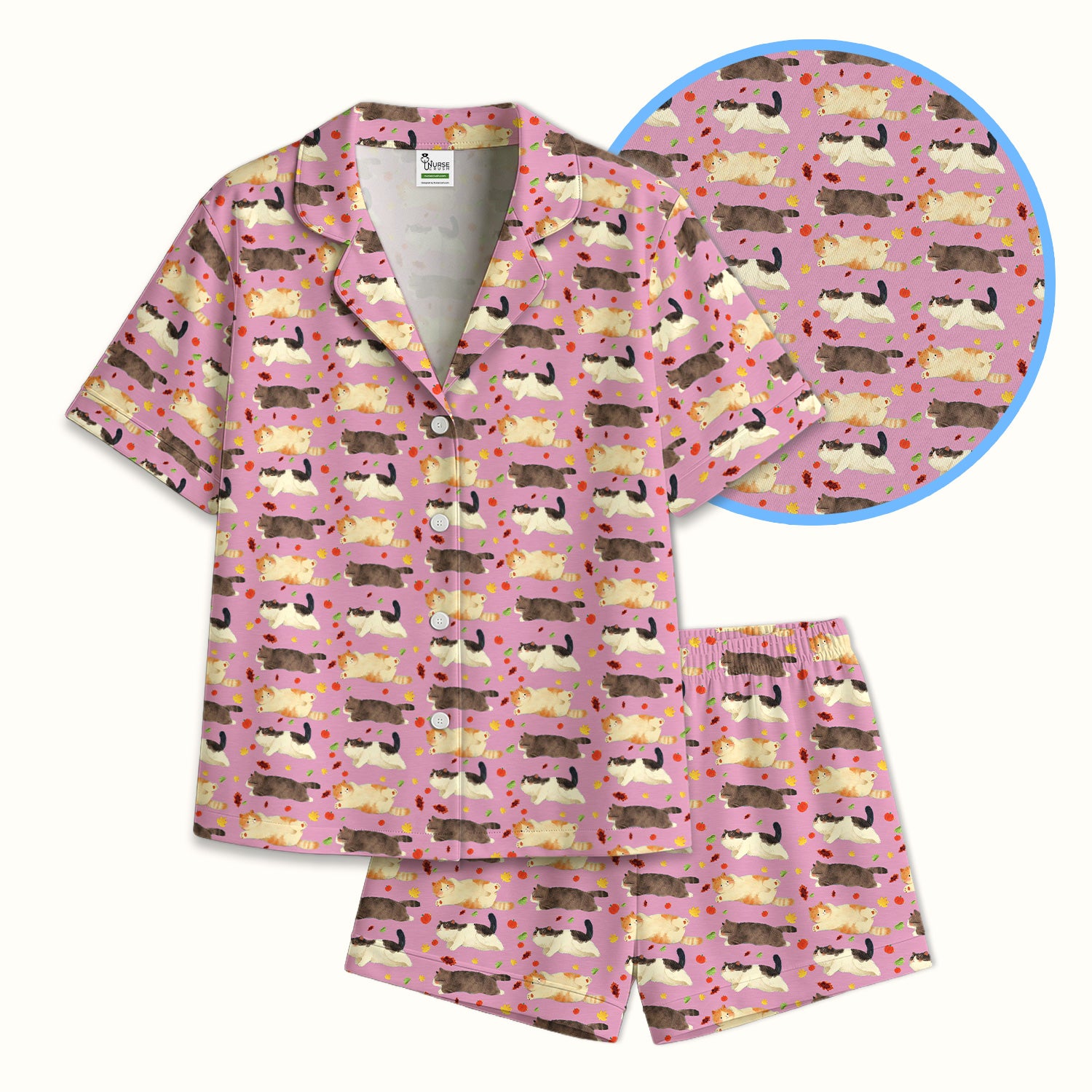Chubby Cat Autumn Leaves Print Pajama Set, Breathable Fabrics Uniform