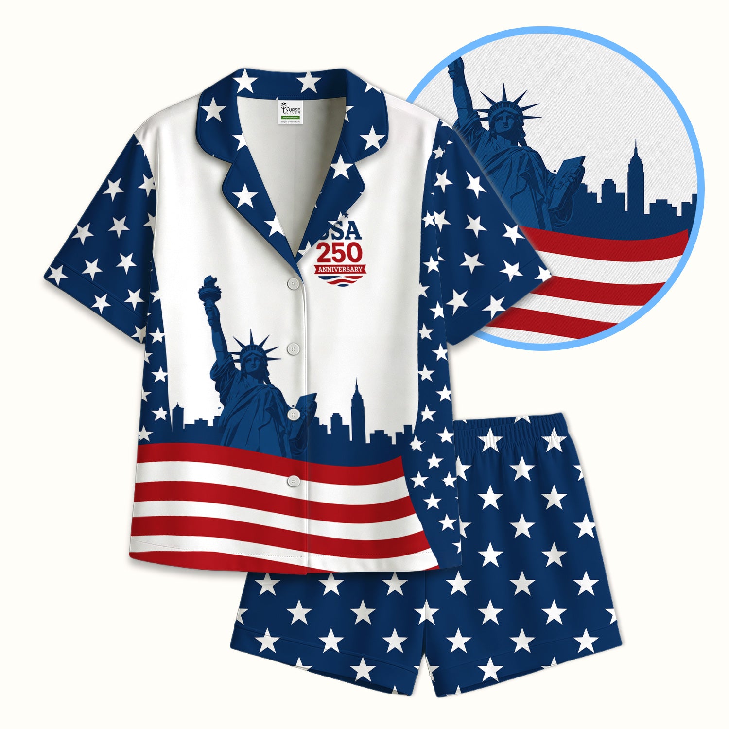 USA 250 Anniversary Patriotic Nurse Scrub Top for RN, CNA, Healthcare Workers Pajama Set, Soft Breathable Fabric Comfortable Sleepwear