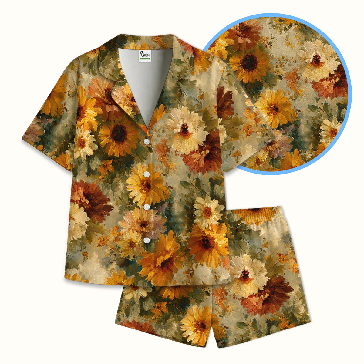 Vintage Sunflower Oil Painting Pajama Set, Soft Breathable Fabric Comfortable Sleepwear